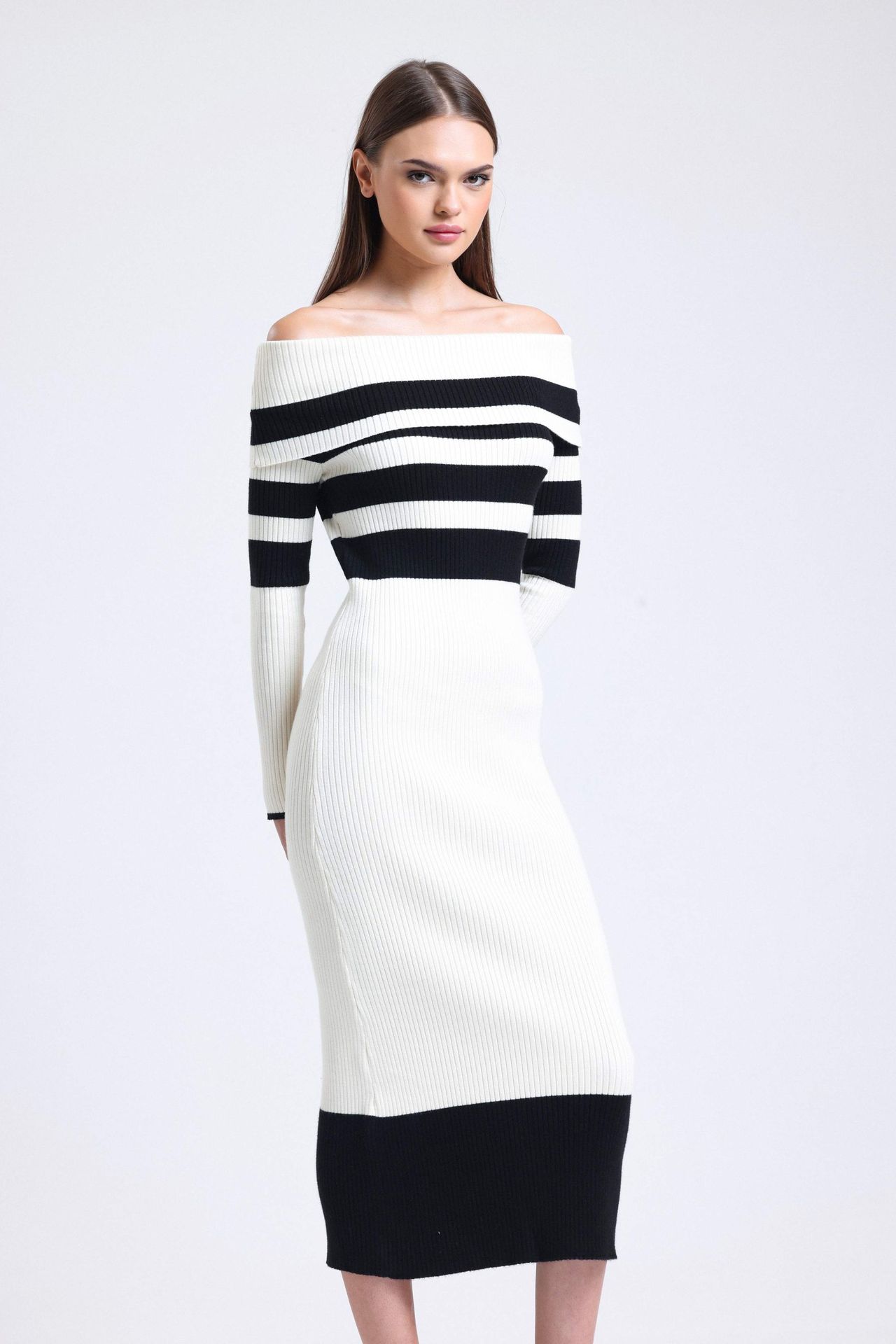 Knitted Striped Off Shoulder Long Sleeve Midi Dress