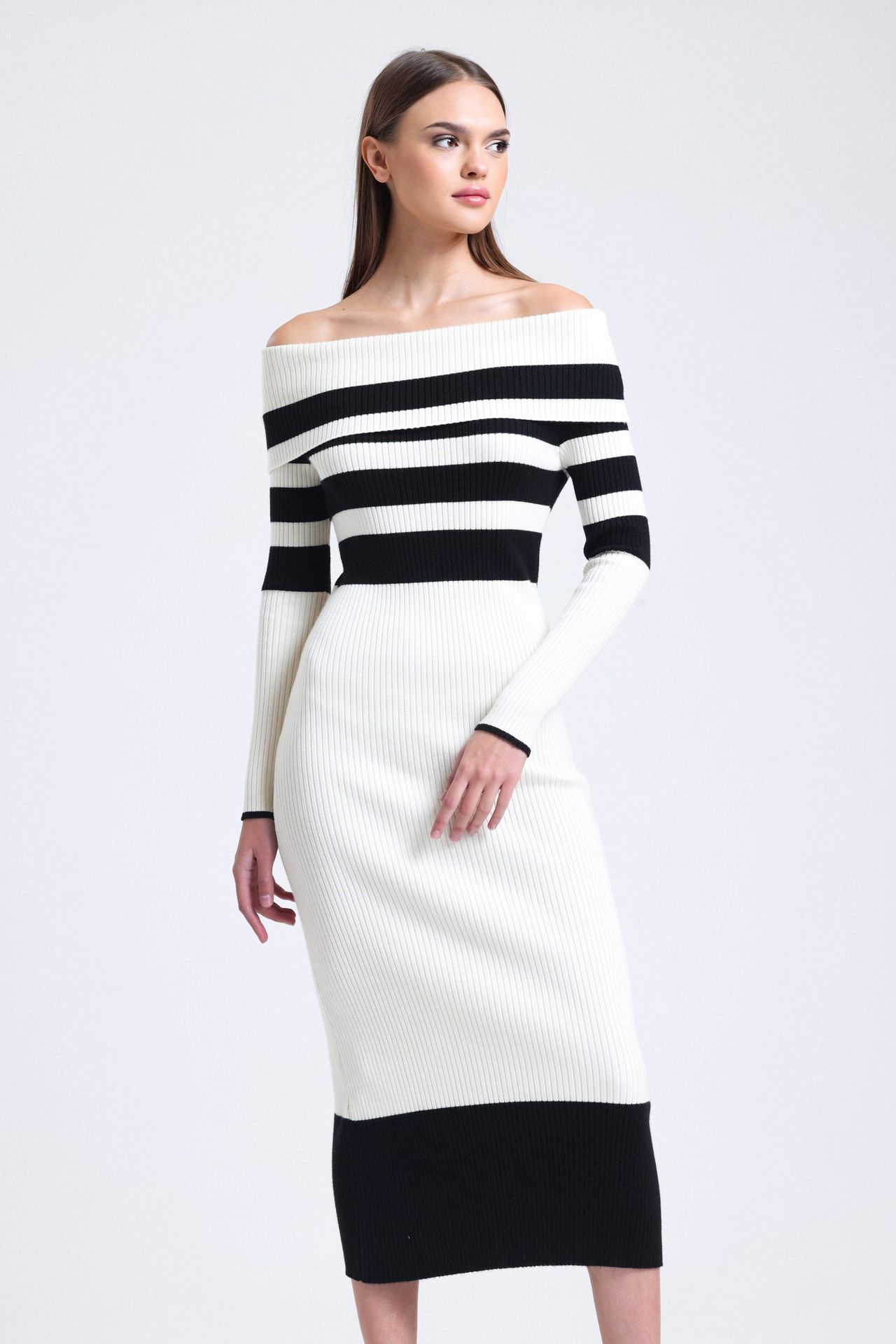 Knitted Striped Off Shoulder Long Sleeve Midi Dress