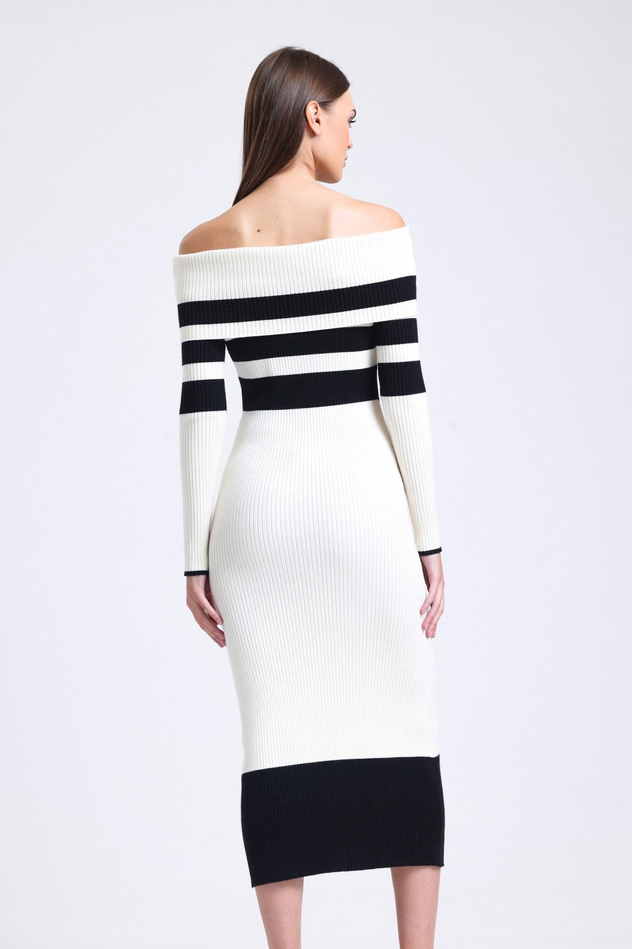Knitted Striped Off Shoulder Long Sleeve Midi Dress