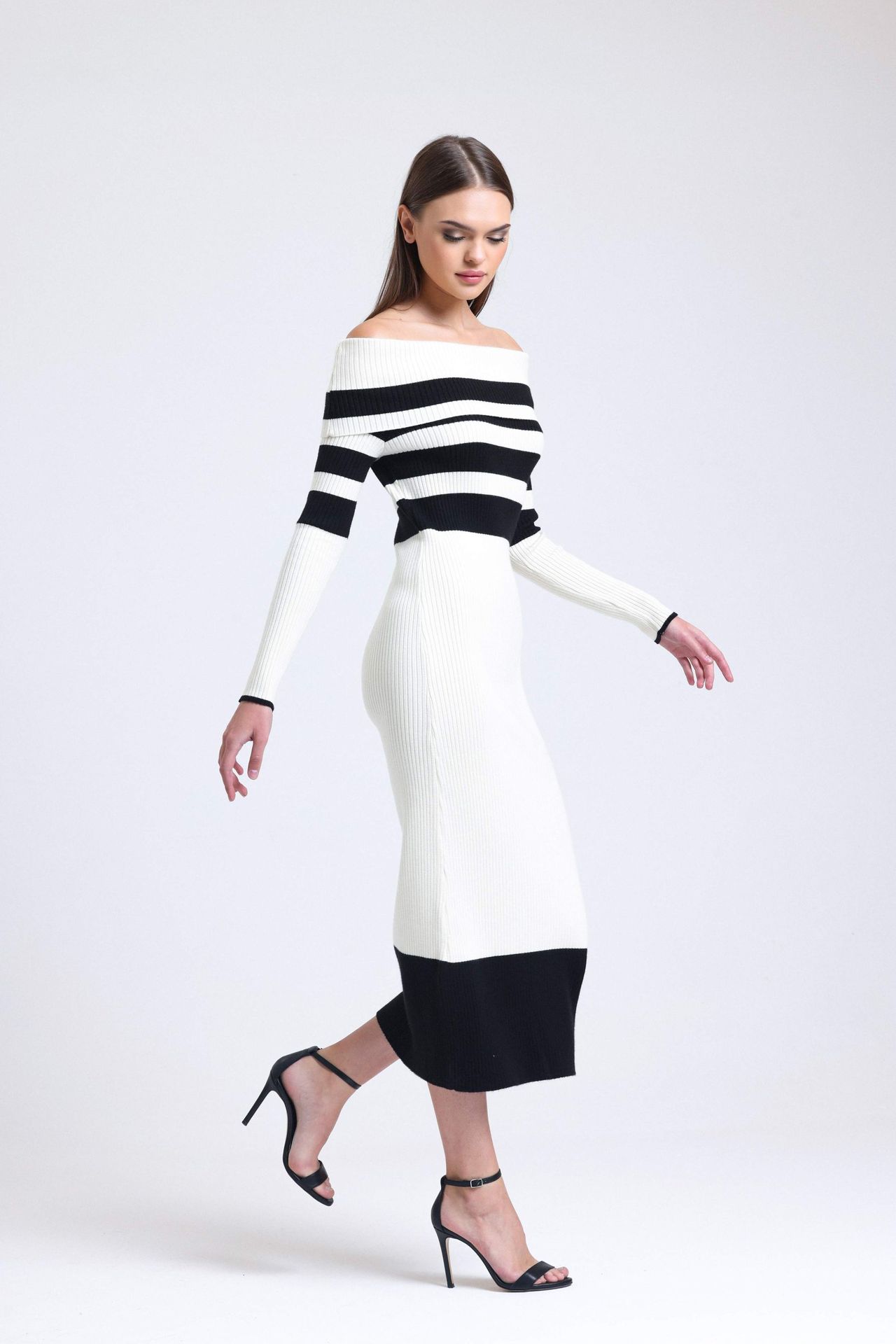 Knitted Striped Off Shoulder Long Sleeve Midi Dress