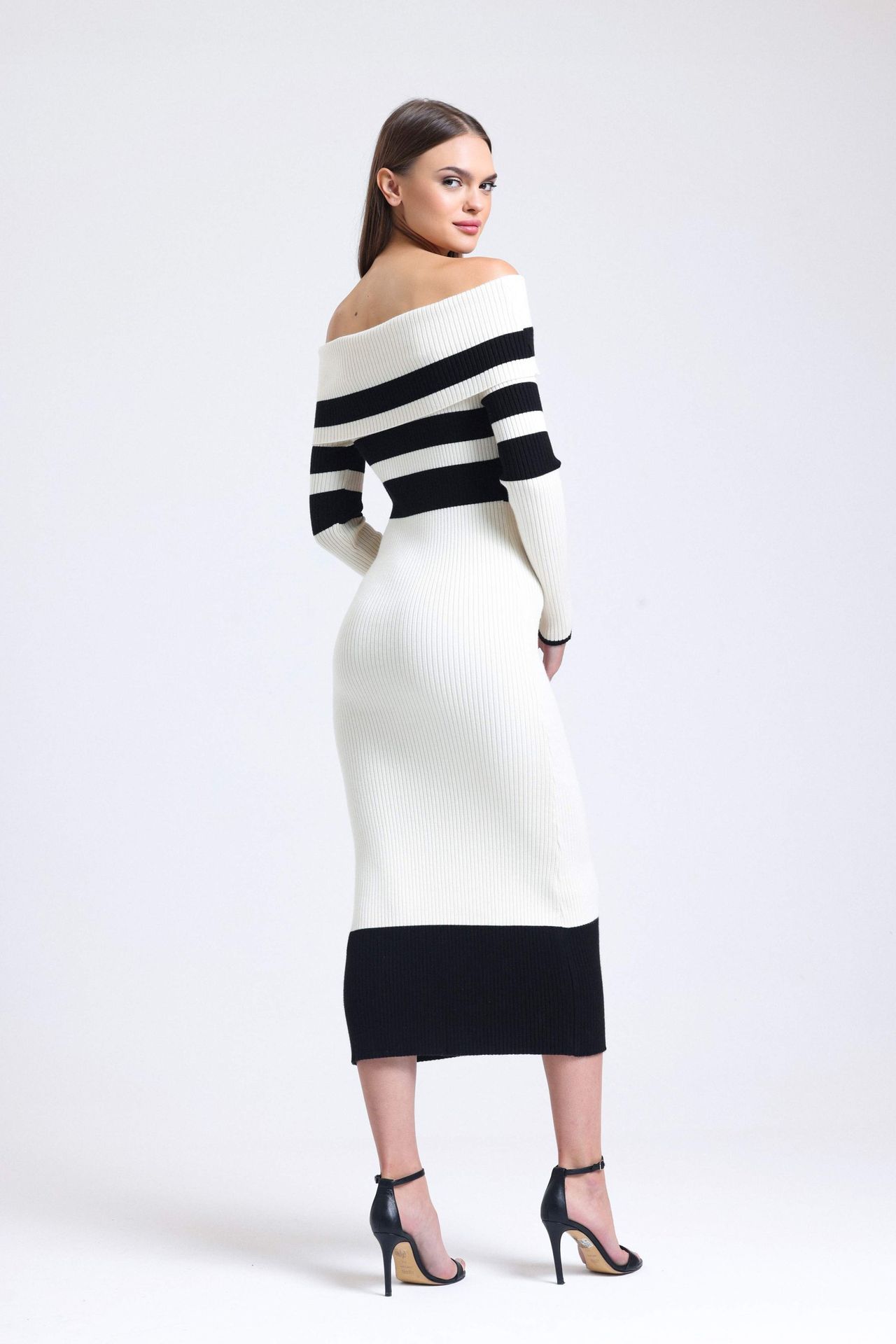 Knitted Striped Off Shoulder Long Sleeve Midi Dress