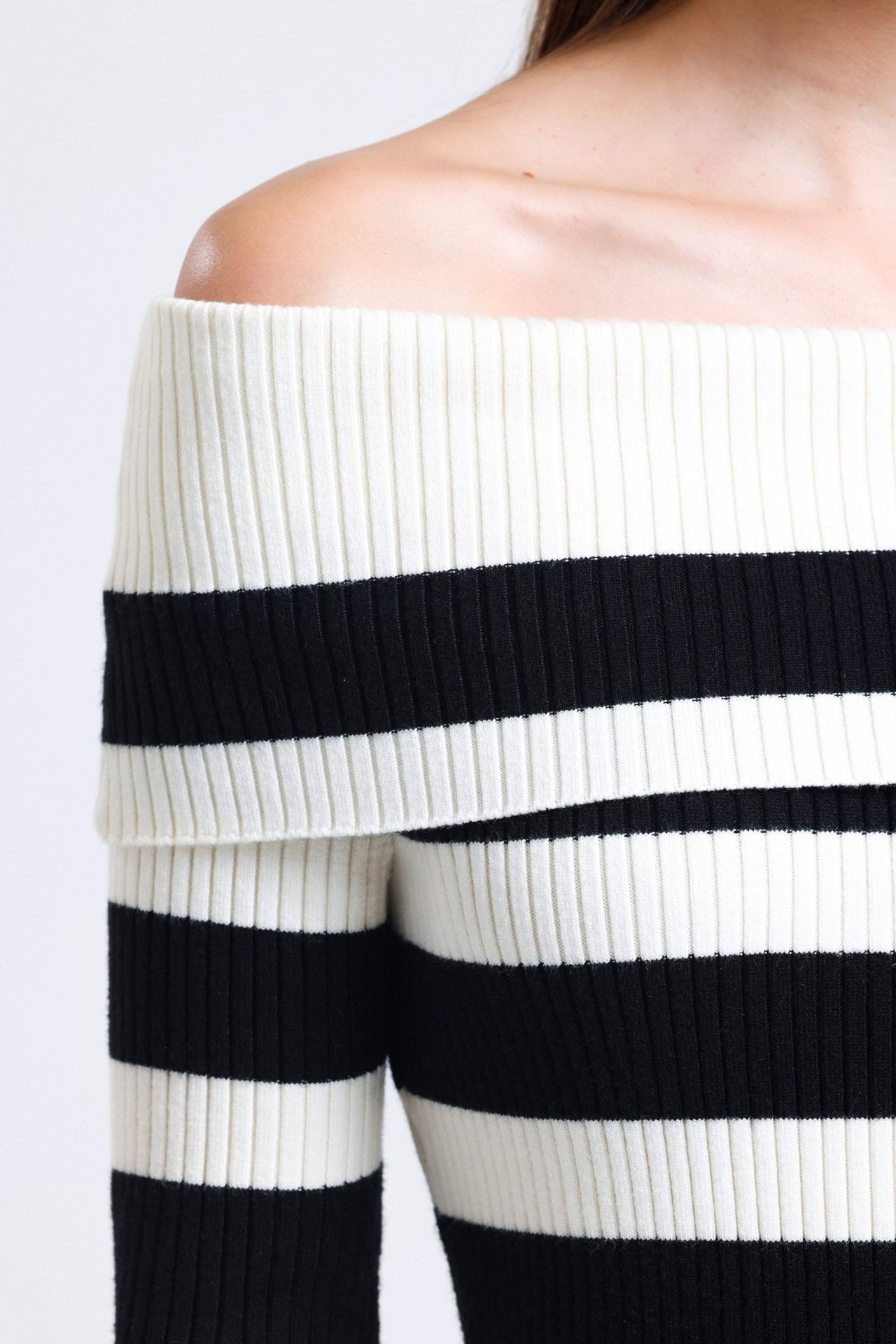 Knitted Striped Off Shoulder Long Sleeve Midi Dress