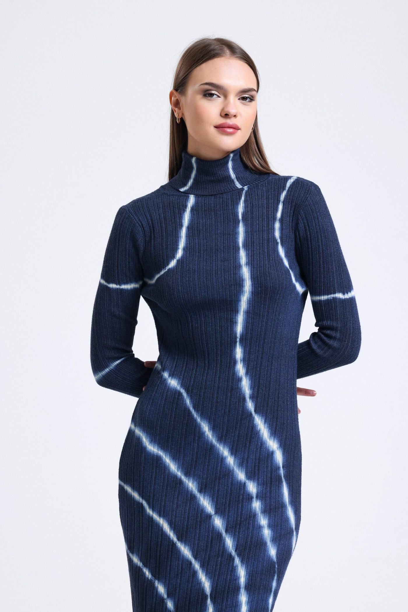 Abstract High Neck Long Sleeve Midi Bodycon Dress