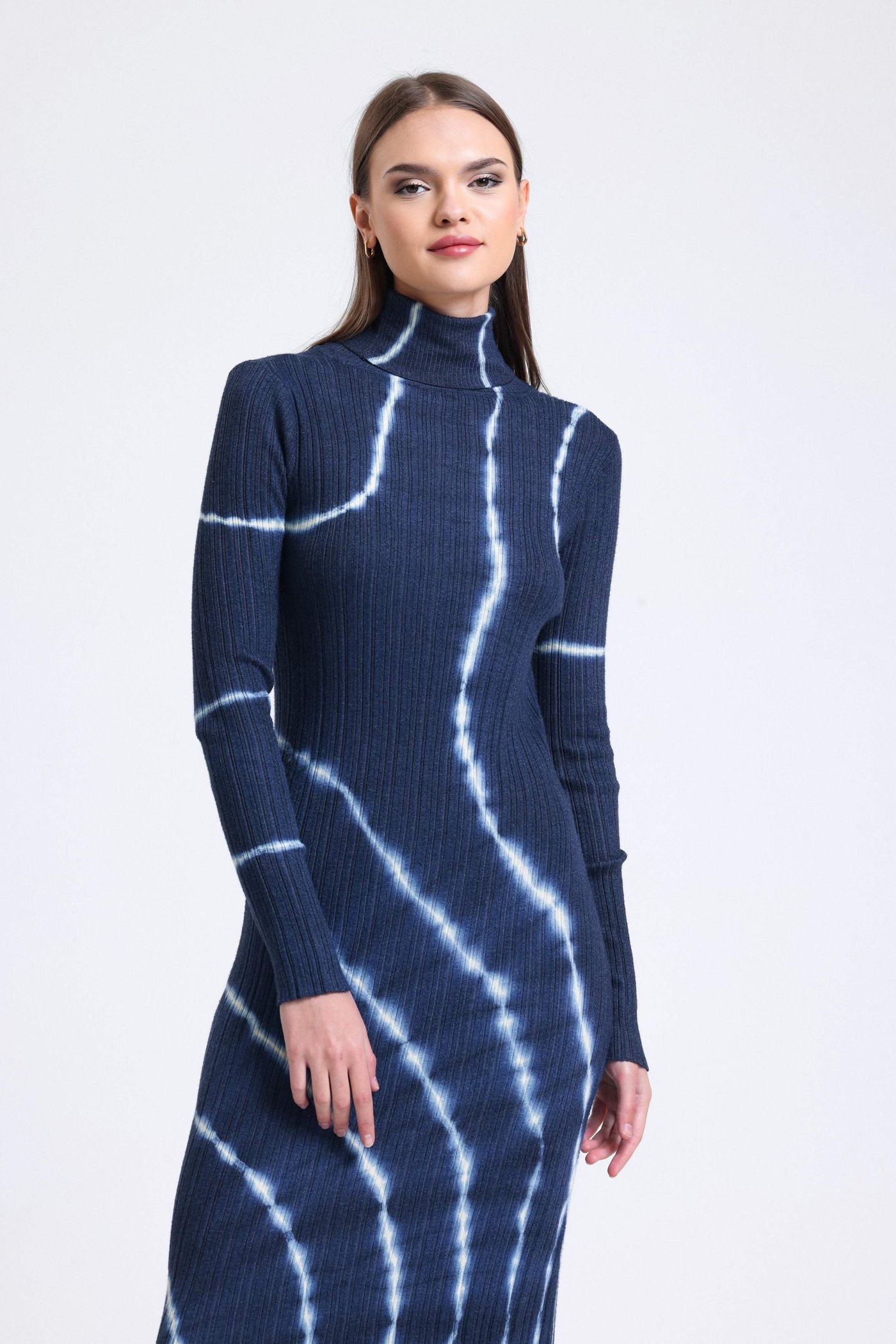 Abstract High Neck Long Sleeve Midi Bodycon Dress