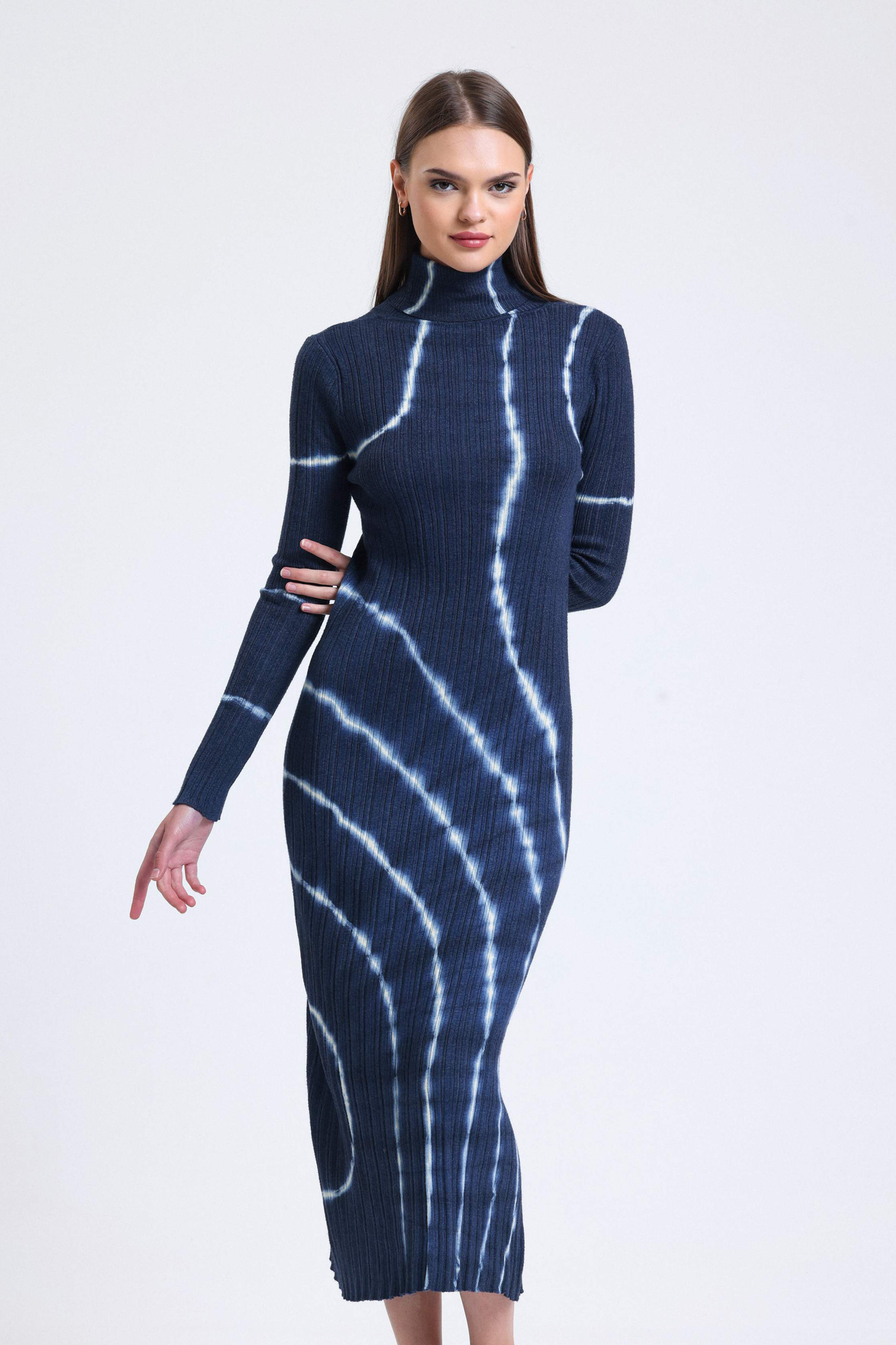 Abstract High Neck Long Sleeve Midi Bodycon Dress