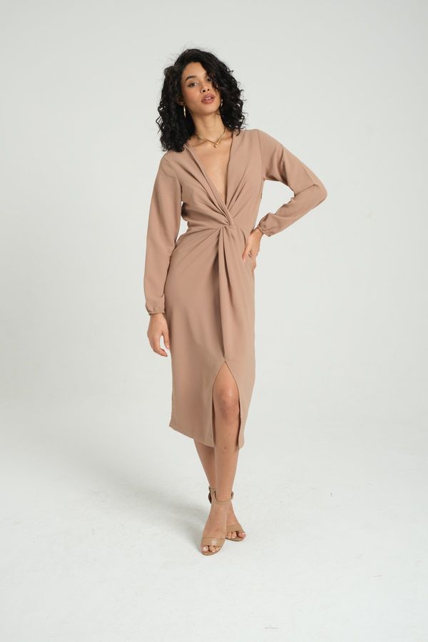 V Neck Long Sleeve Midi Dress with a Pleated Front 2