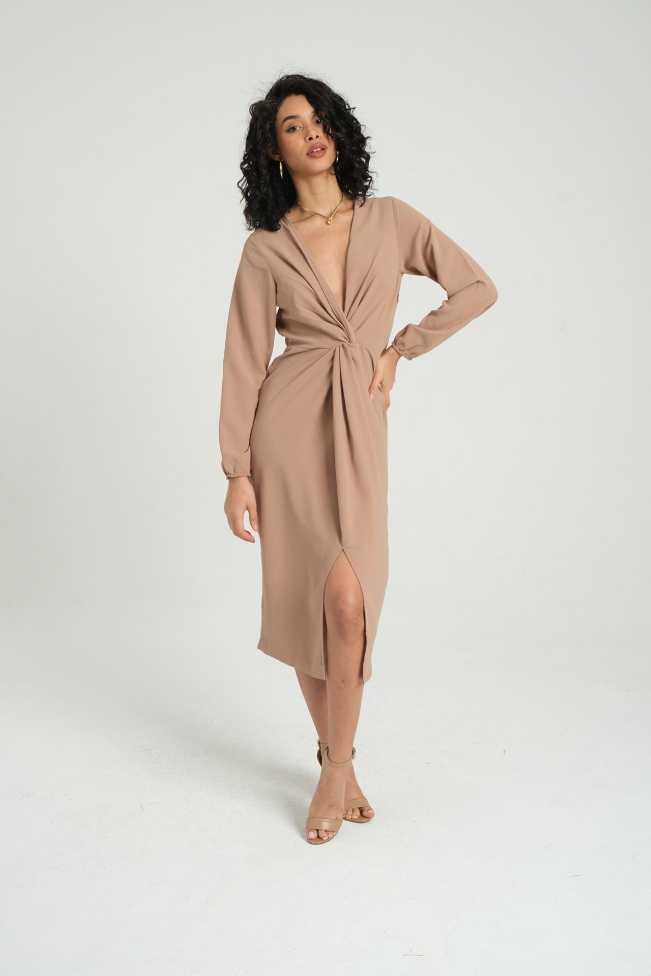 V Neck Long Sleeve Midi Dress with a Pleated Front