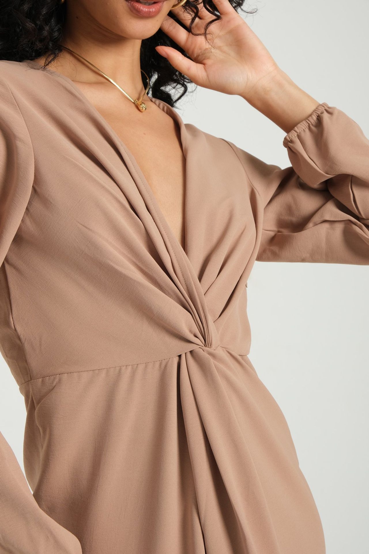 V Neck Long Sleeve Midi Dress with a Pleated Front