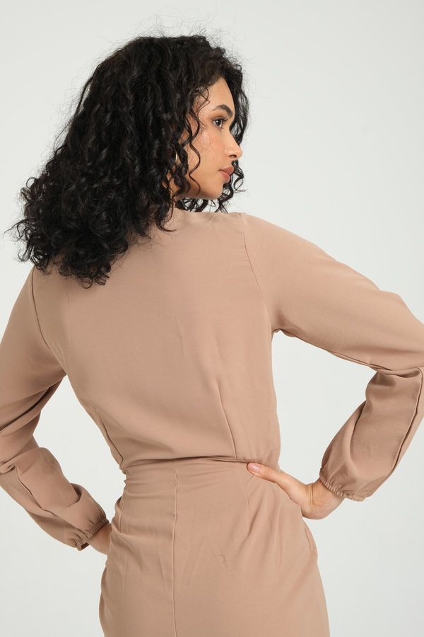 V Neck Long Sleeve Midi Dress with a Pleated Front 3