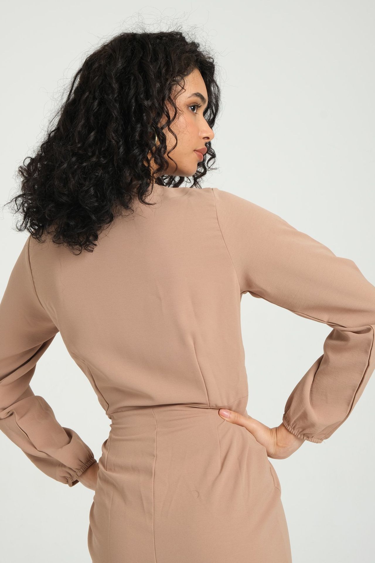 V Neck Long Sleeve Midi Dress with a Pleated Front