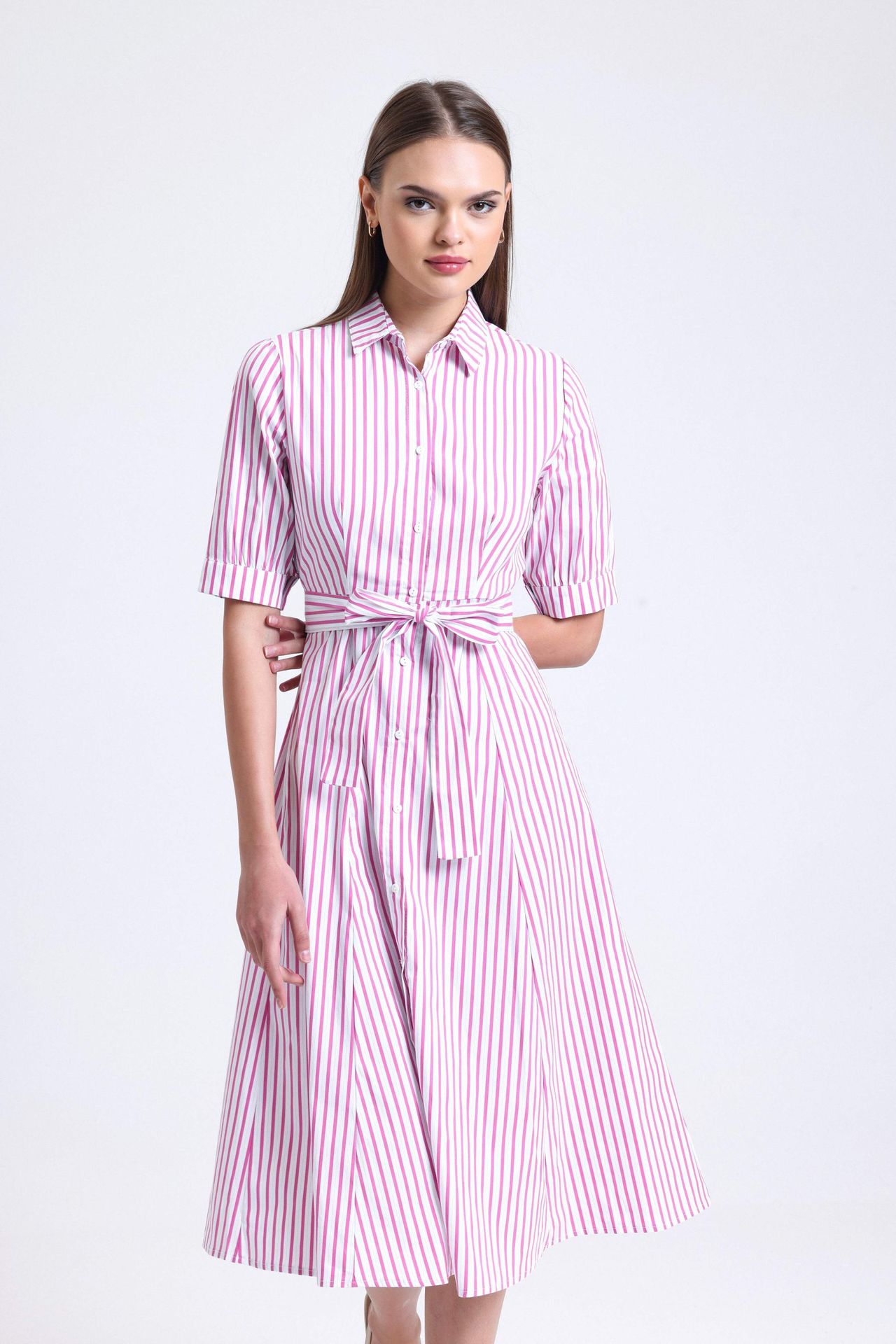 Striped Short Sleeve Midi Shirt Dress with a Belt Detail