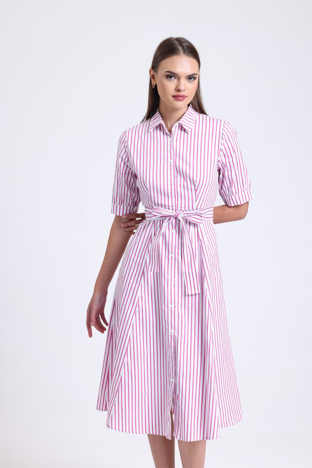 Striped Short Sleeve Midi Shirt Dress with a Belt Detail