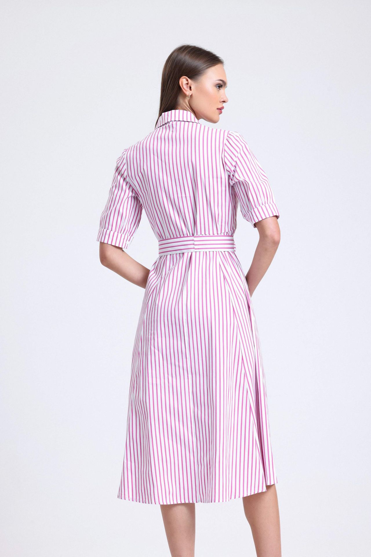 Striped Short Sleeve Midi Shirt Dress with a Belt Detail