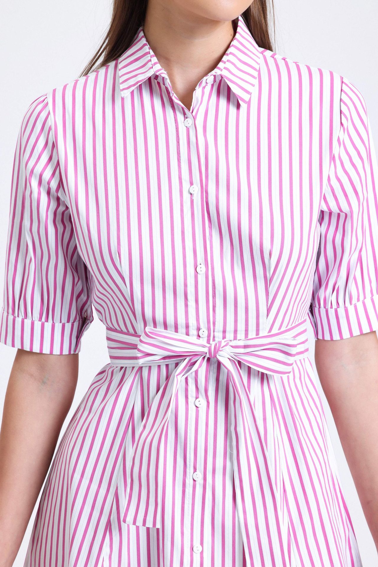 Striped Short Sleeve Midi Shirt Dress with a Belt Detail