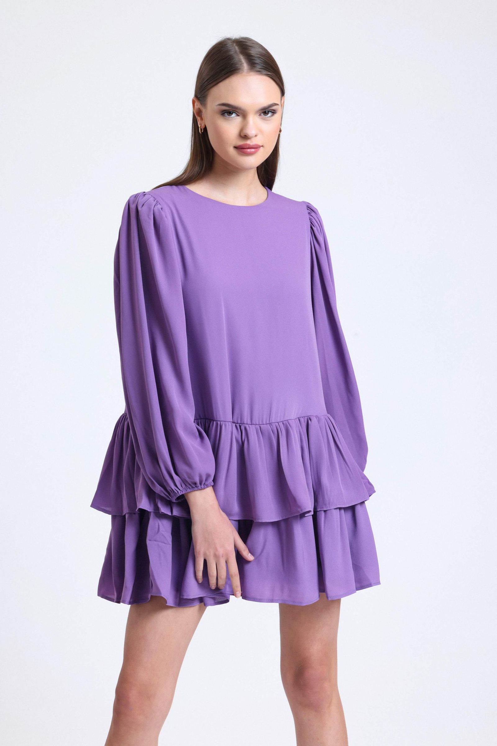 Round Neck Ruffle Long Sleeve Mini A-line Dress