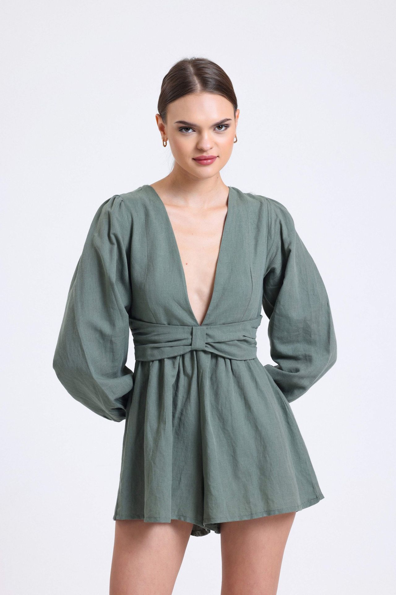 Linen Plunge Neck Long Sleeve Playsuit with a Back Cut Out
