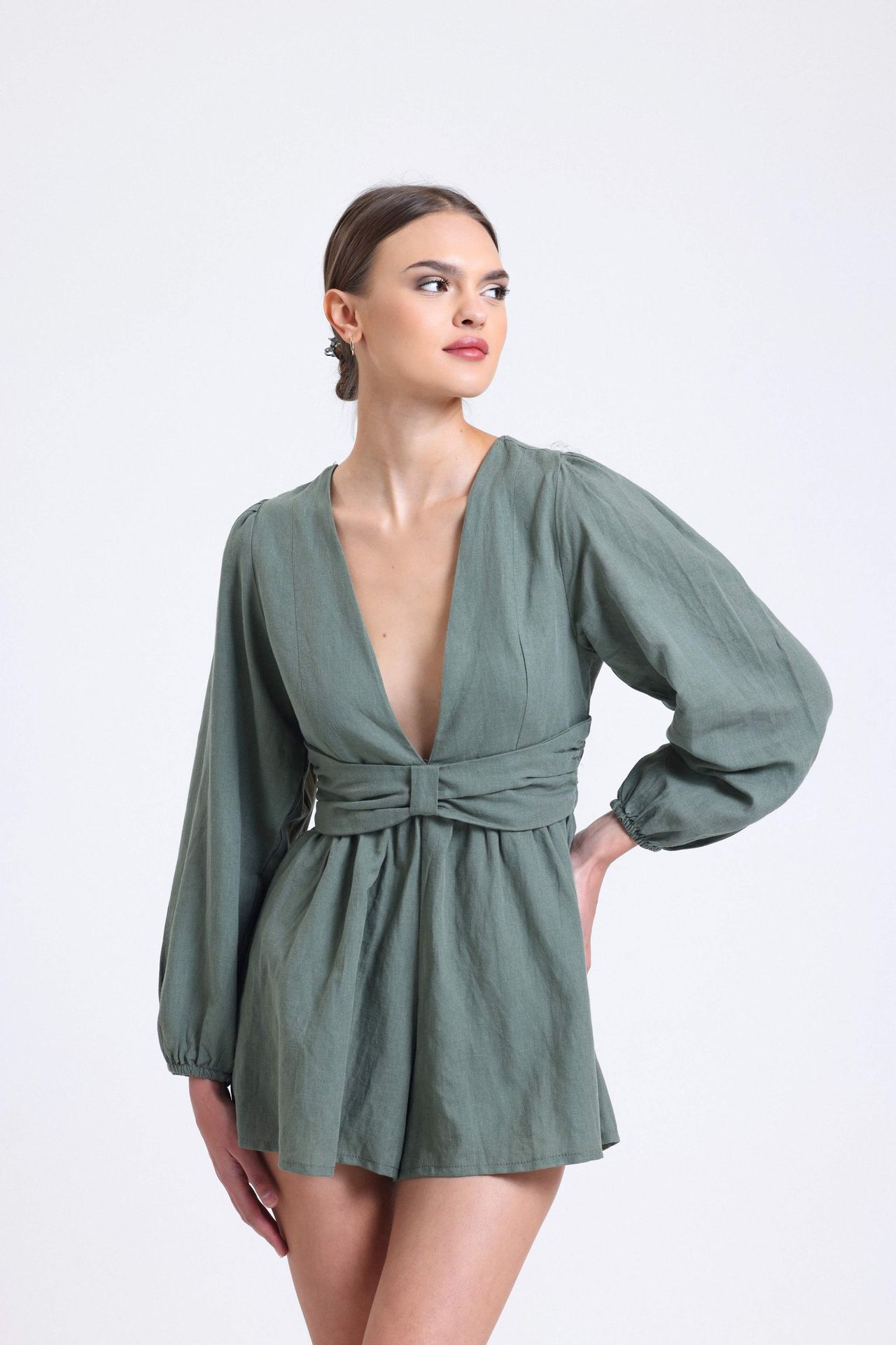 Linen Plunge Neck Long Sleeve Playsuit with a Back Cut Out