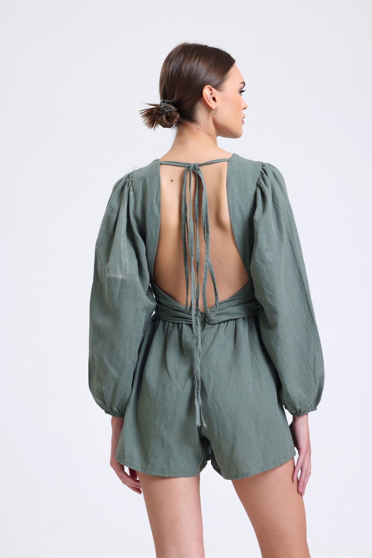 Linen Plunge Neck Long Sleeve Playsuit with a Back Cut Out