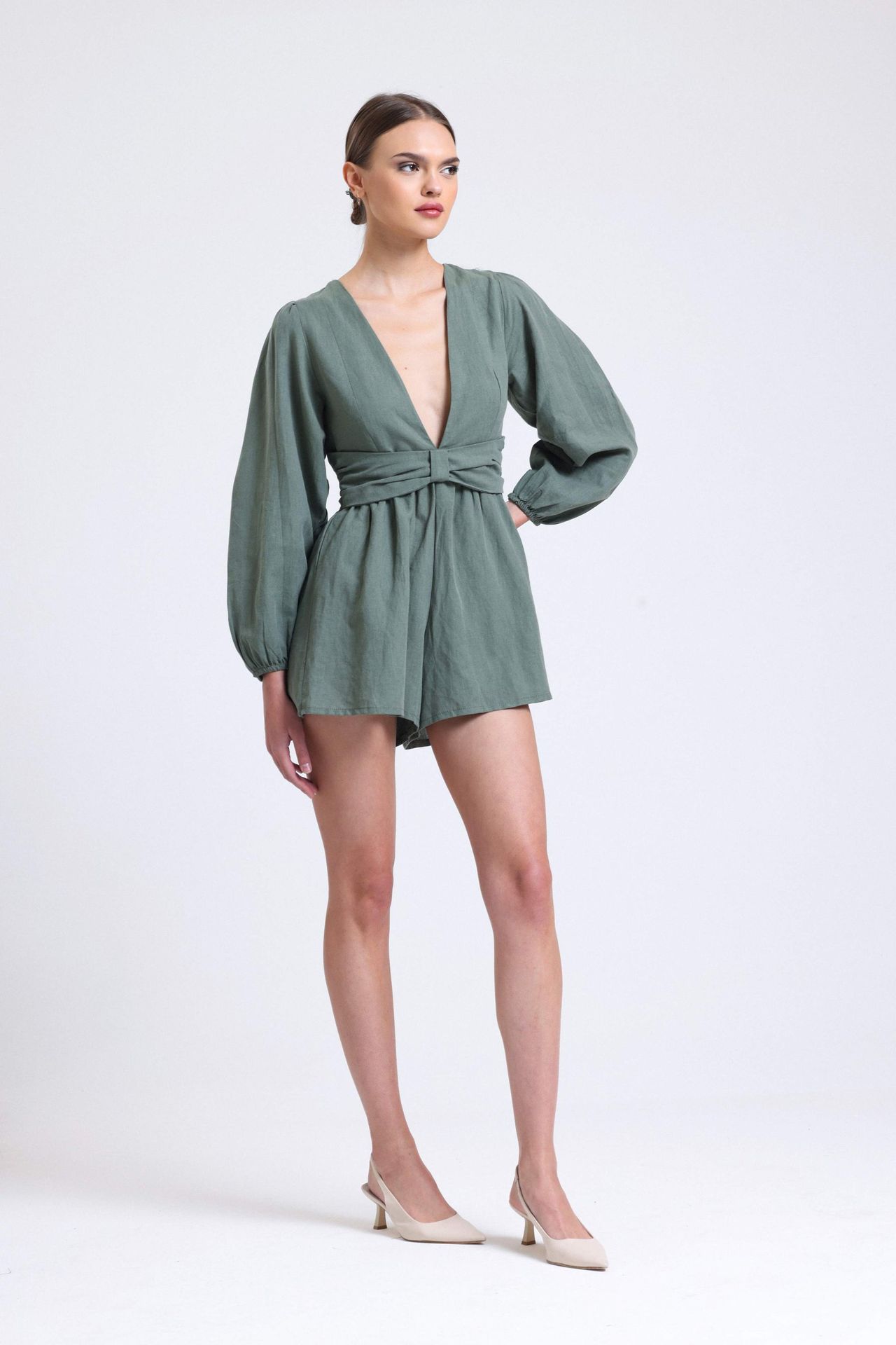 Linen Plunge Neck Long Sleeve Playsuit with a Back Cut Out