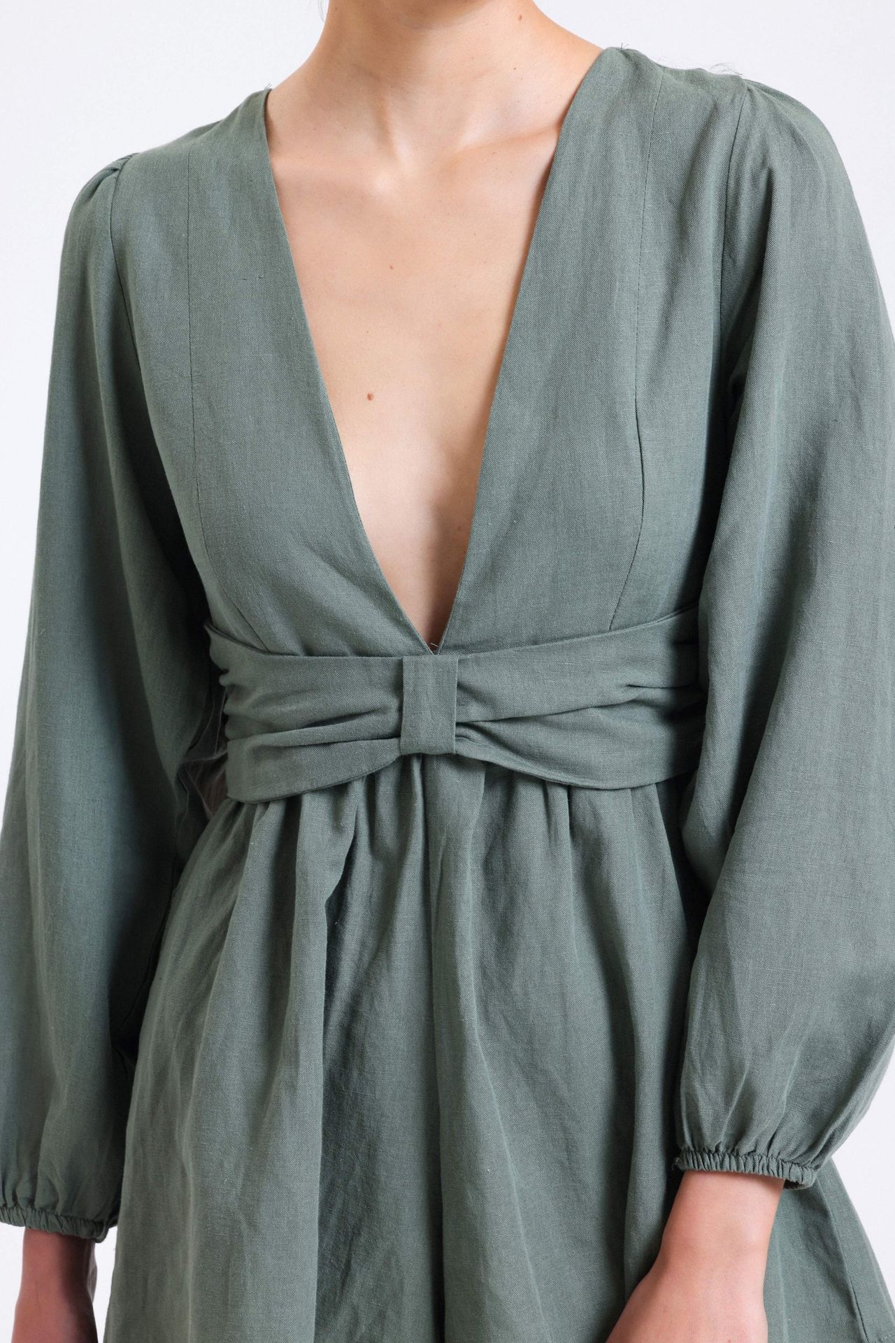 Linen Plunge Neck Long Sleeve Playsuit with a Back Cut Out
