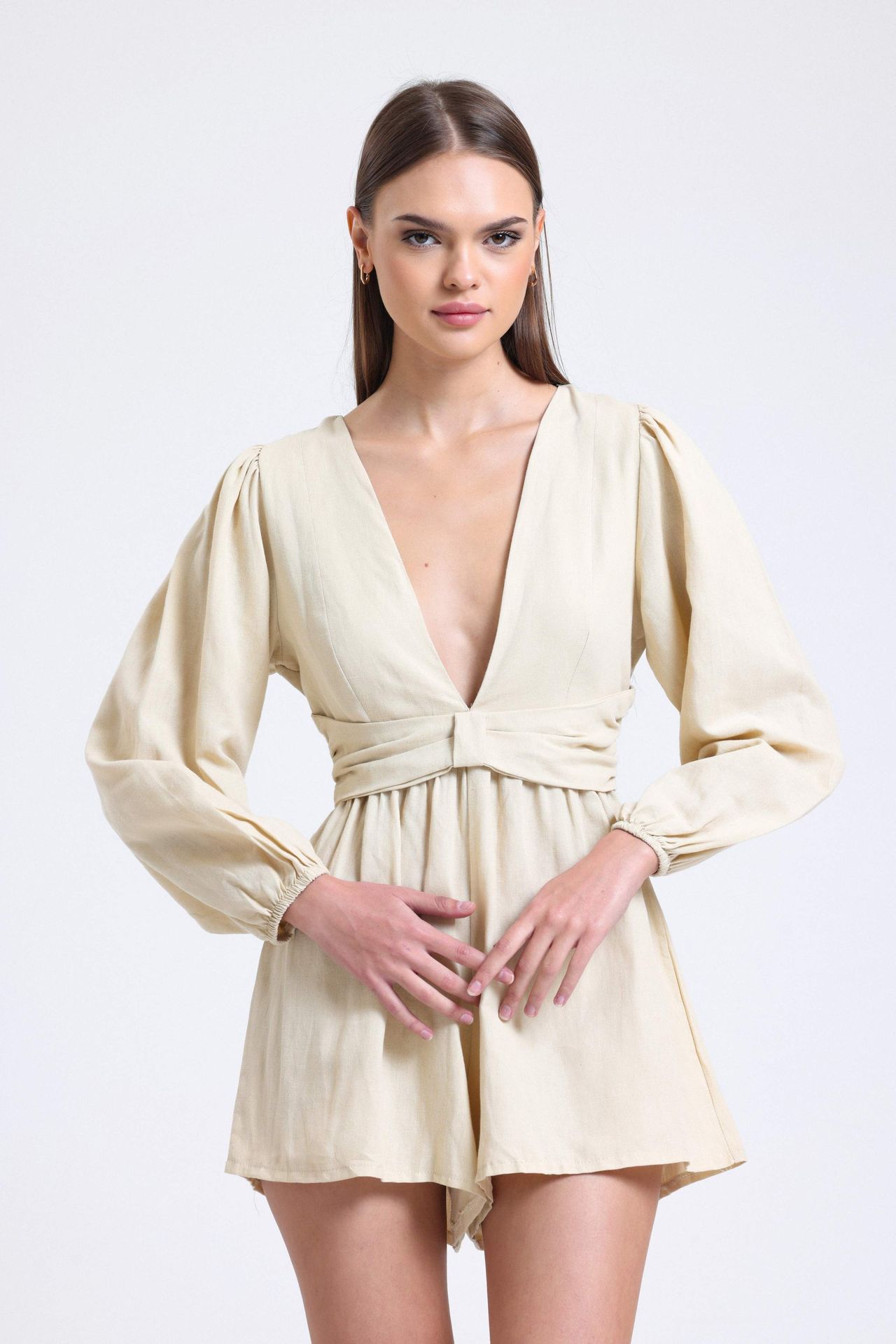 Linen Plunge Neck Long Sleeve Playsuit with a Back Cut Out