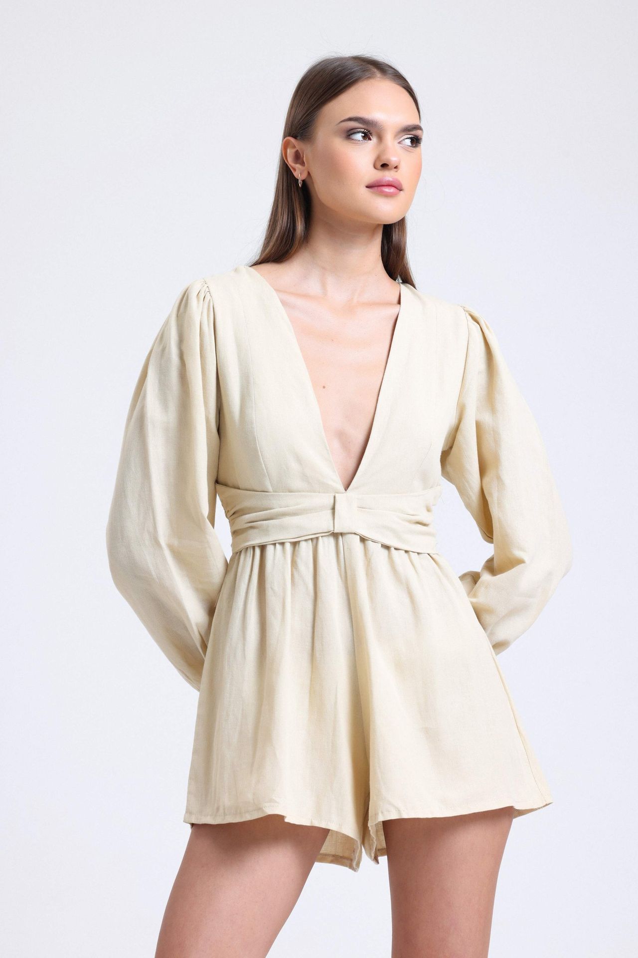 Linen Plunge Neck Long Sleeve Playsuit with a Back Cut Out