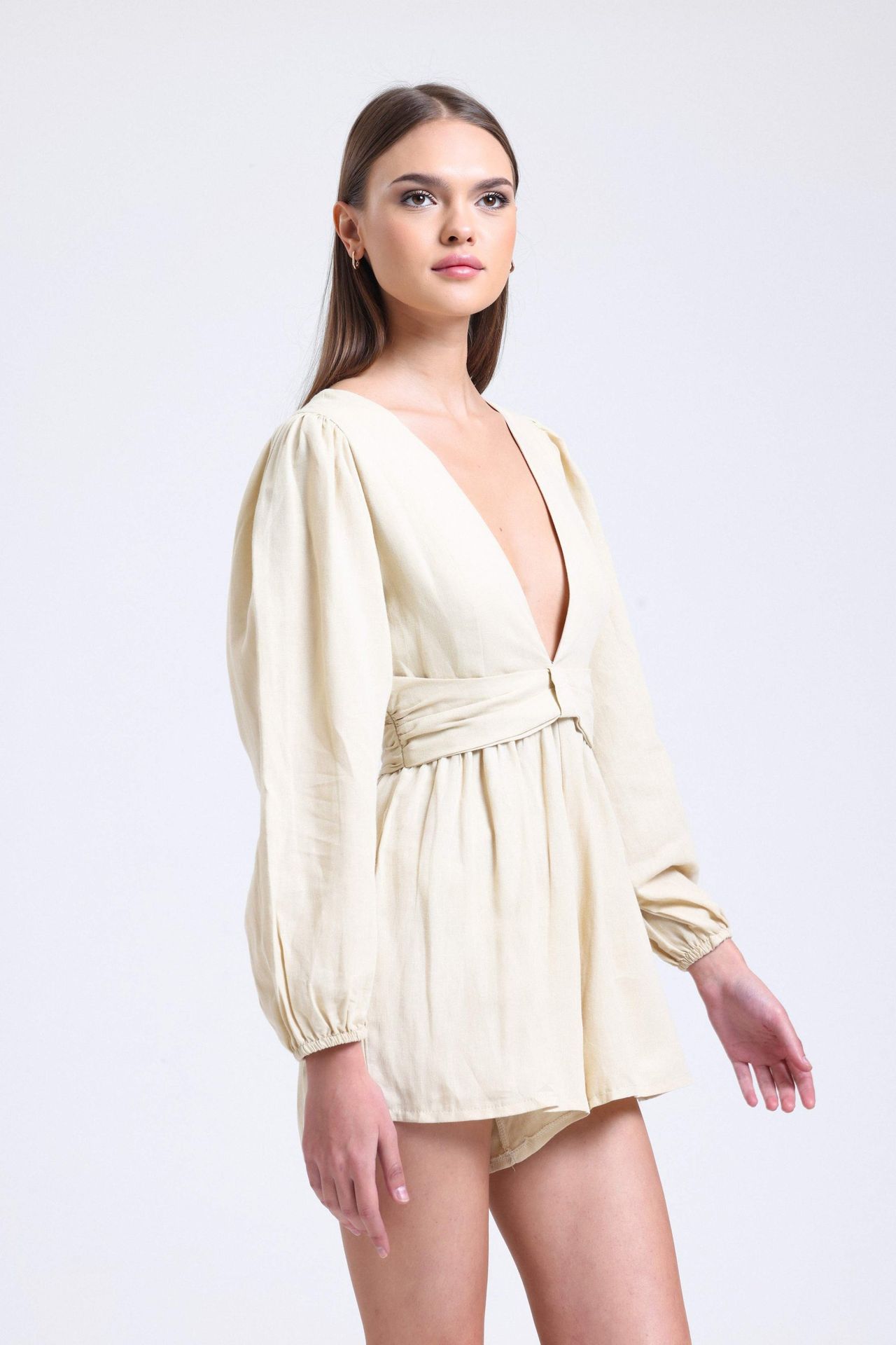 Linen Plunge Neck Long Sleeve Playsuit with a Back Cut Out