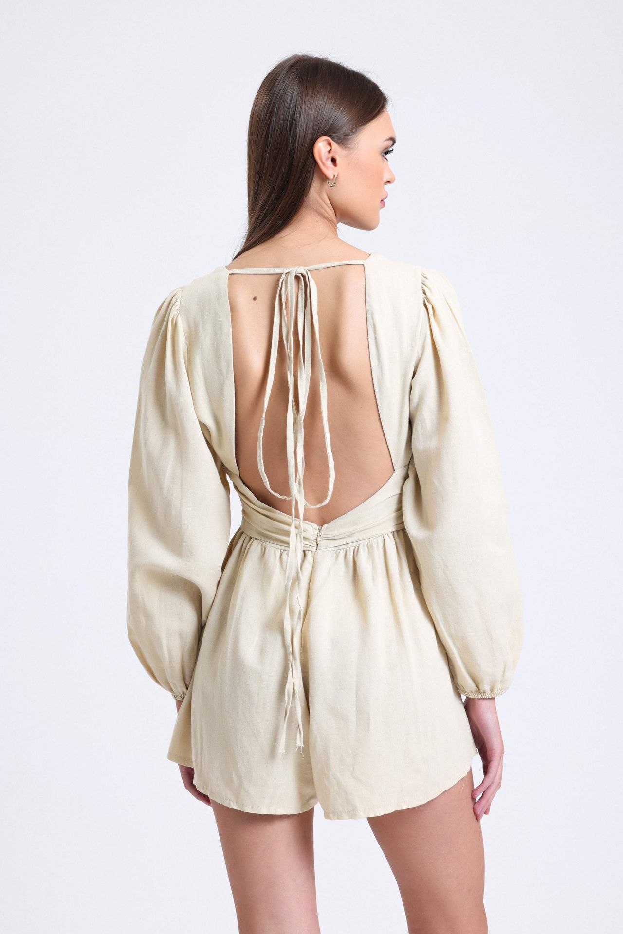 Linen Plunge Neck Long Sleeve Playsuit with a Back Cut Out