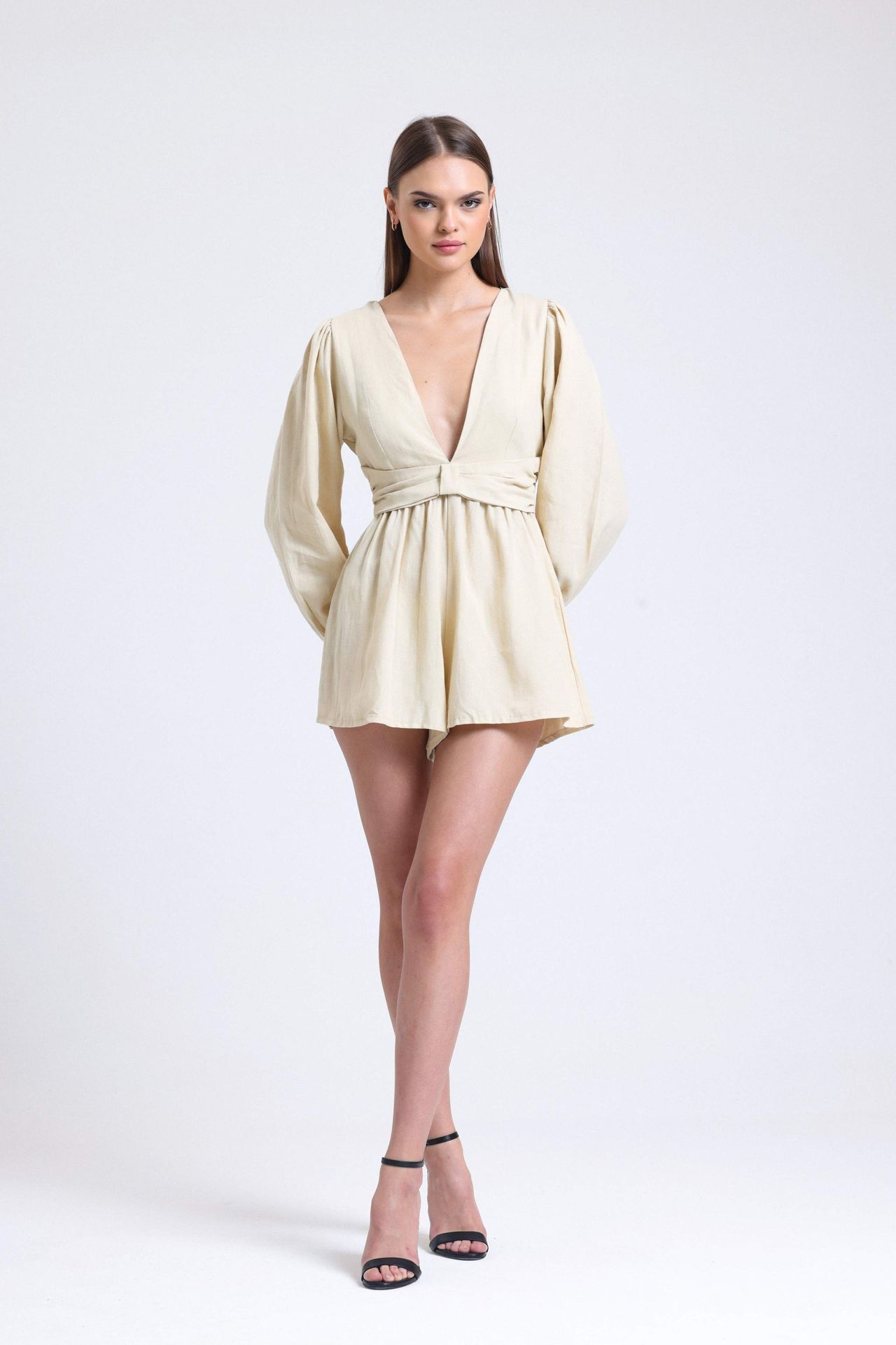 Linen Plunge Neck Long Sleeve Playsuit with a Back Cut Out