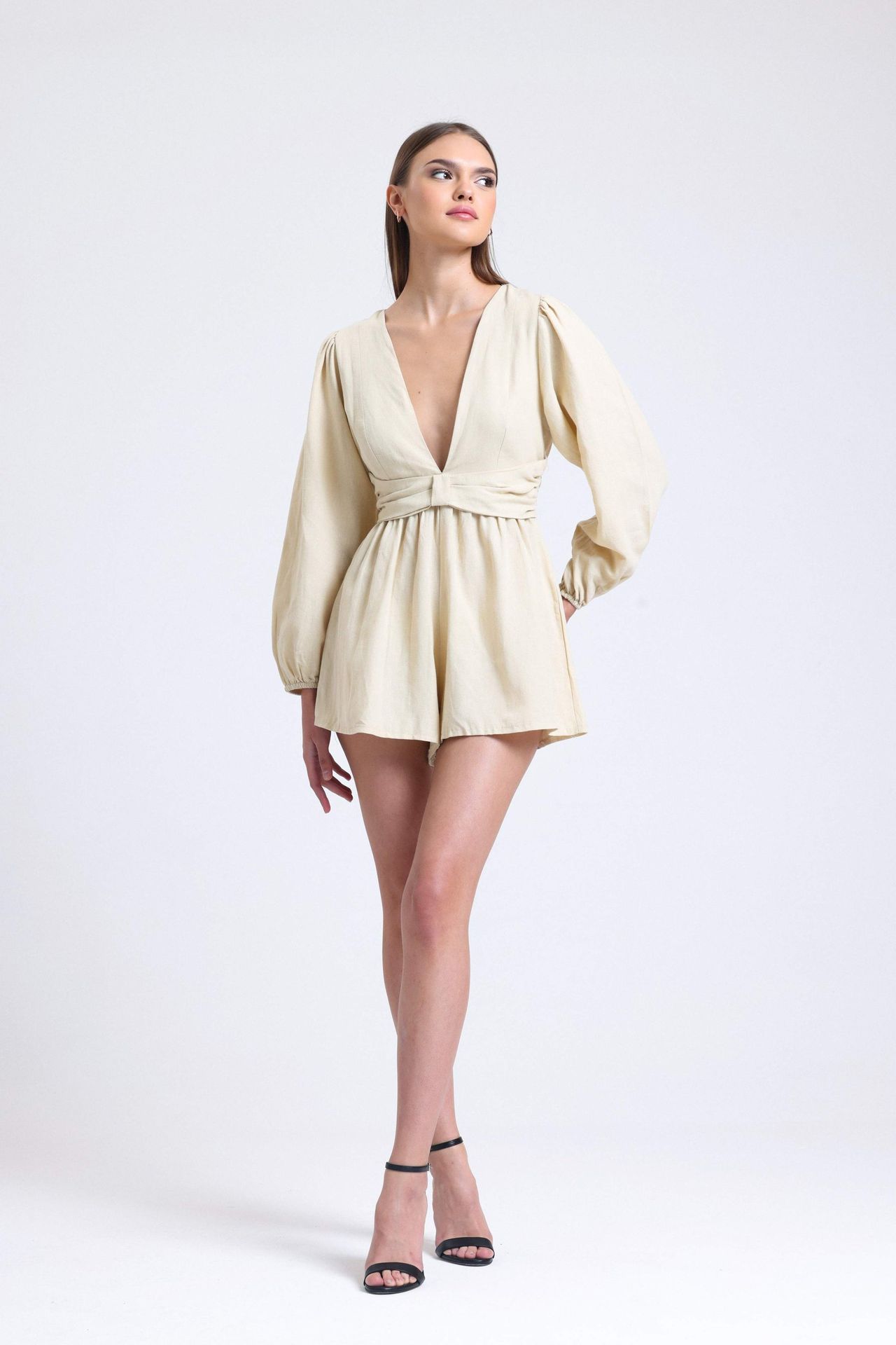 Linen Plunge Neck Long Sleeve Playsuit with a Back Cut Out
