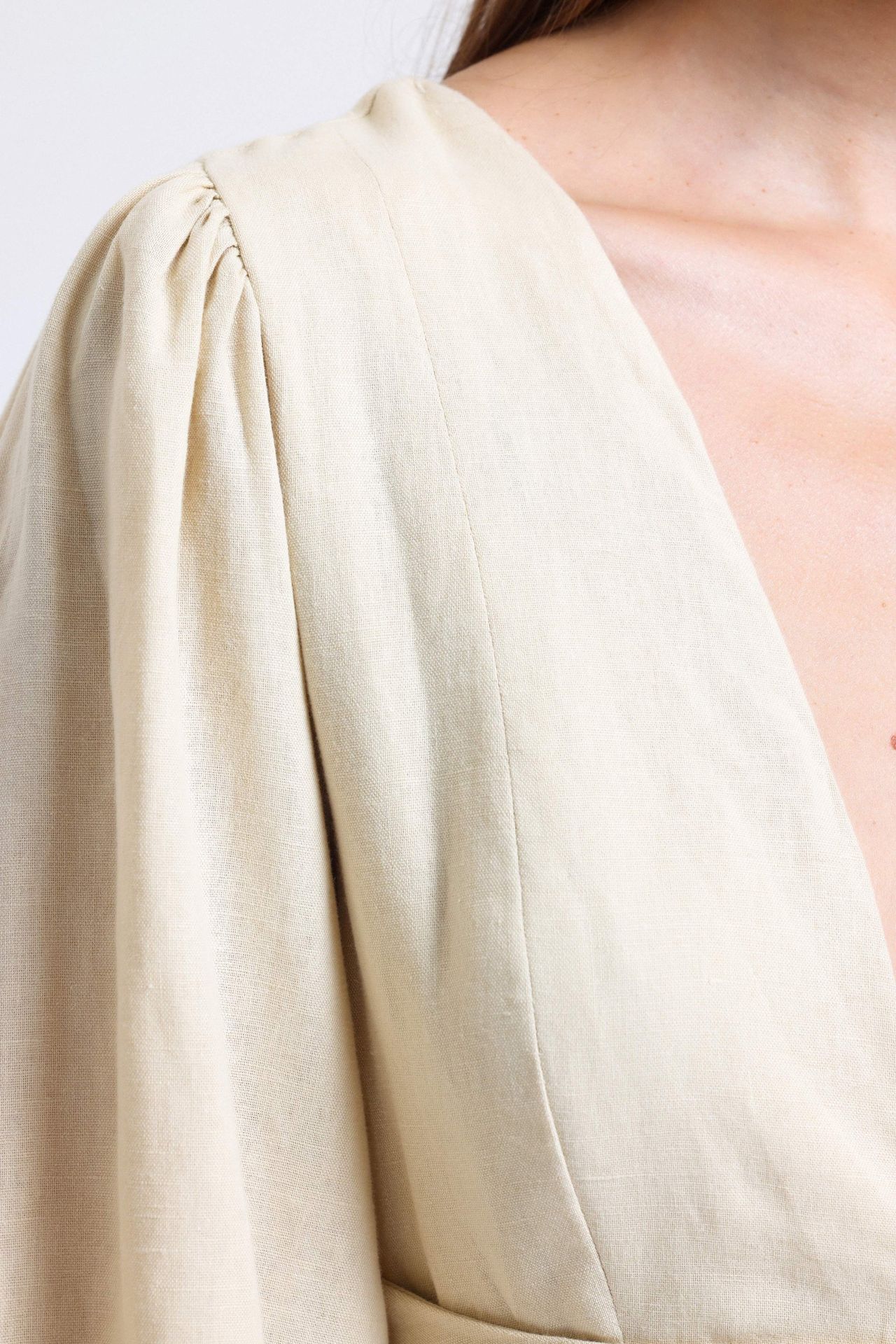 Linen Plunge Neck Long Sleeve Playsuit with a Back Cut Out