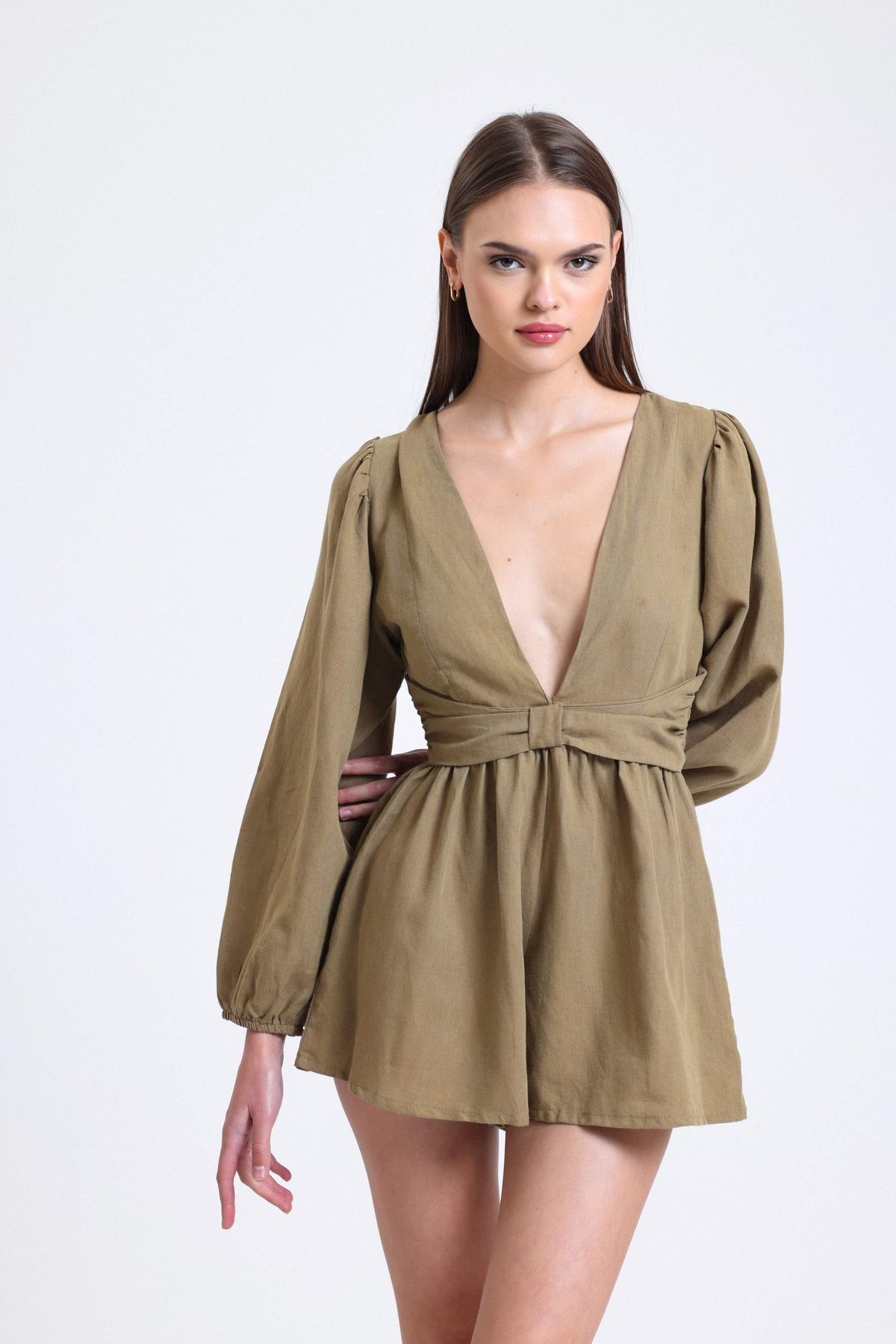 Linen Plunge Neck Long Sleeve Playsuit with a Back Cut Out