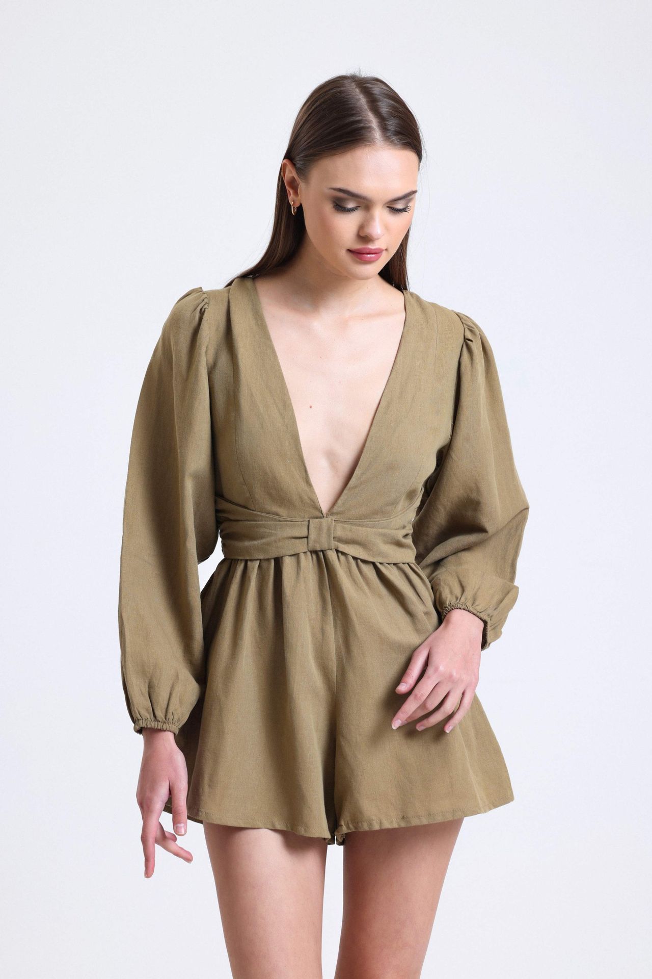 Linen Plunge Neck Long Sleeve Playsuit with a Back Cut Out