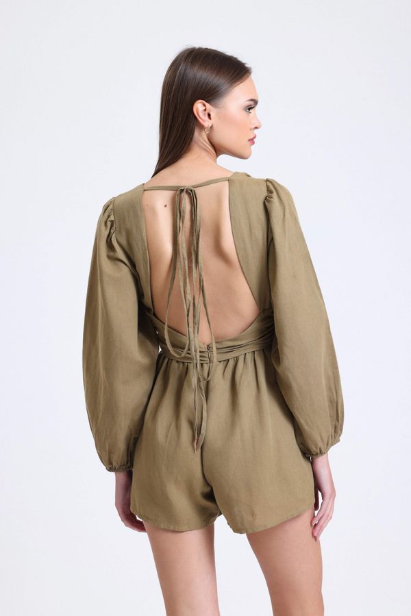 Linen Plunge Neck Long Sleeve Playsuit with a Back Cut Out 3