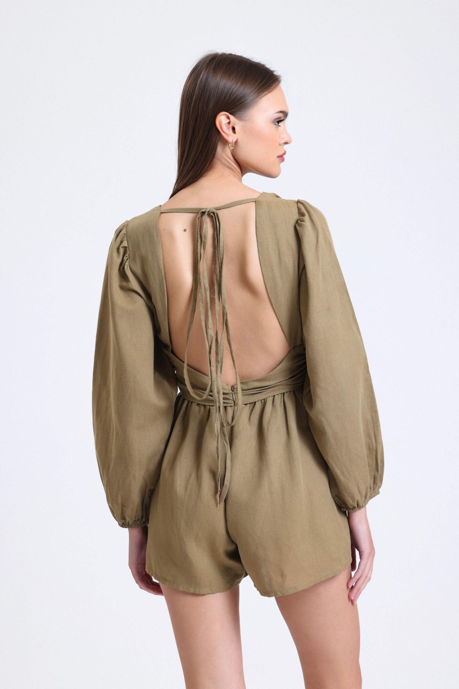 Linen Plunge Neck Long Sleeve Playsuit with a Back Cut Out