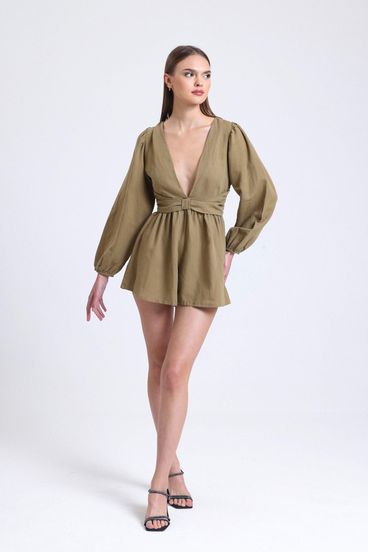 Linen Plunge Neck Long Sleeve Playsuit with a Back Cut Out