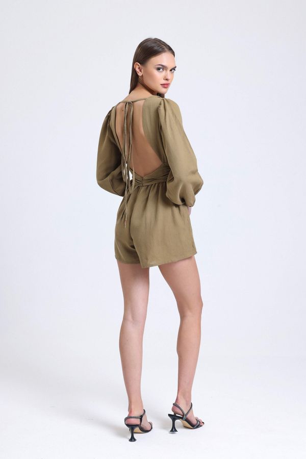 Linen Plunge Neck Long Sleeve Playsuit with a Back Cut Out 5