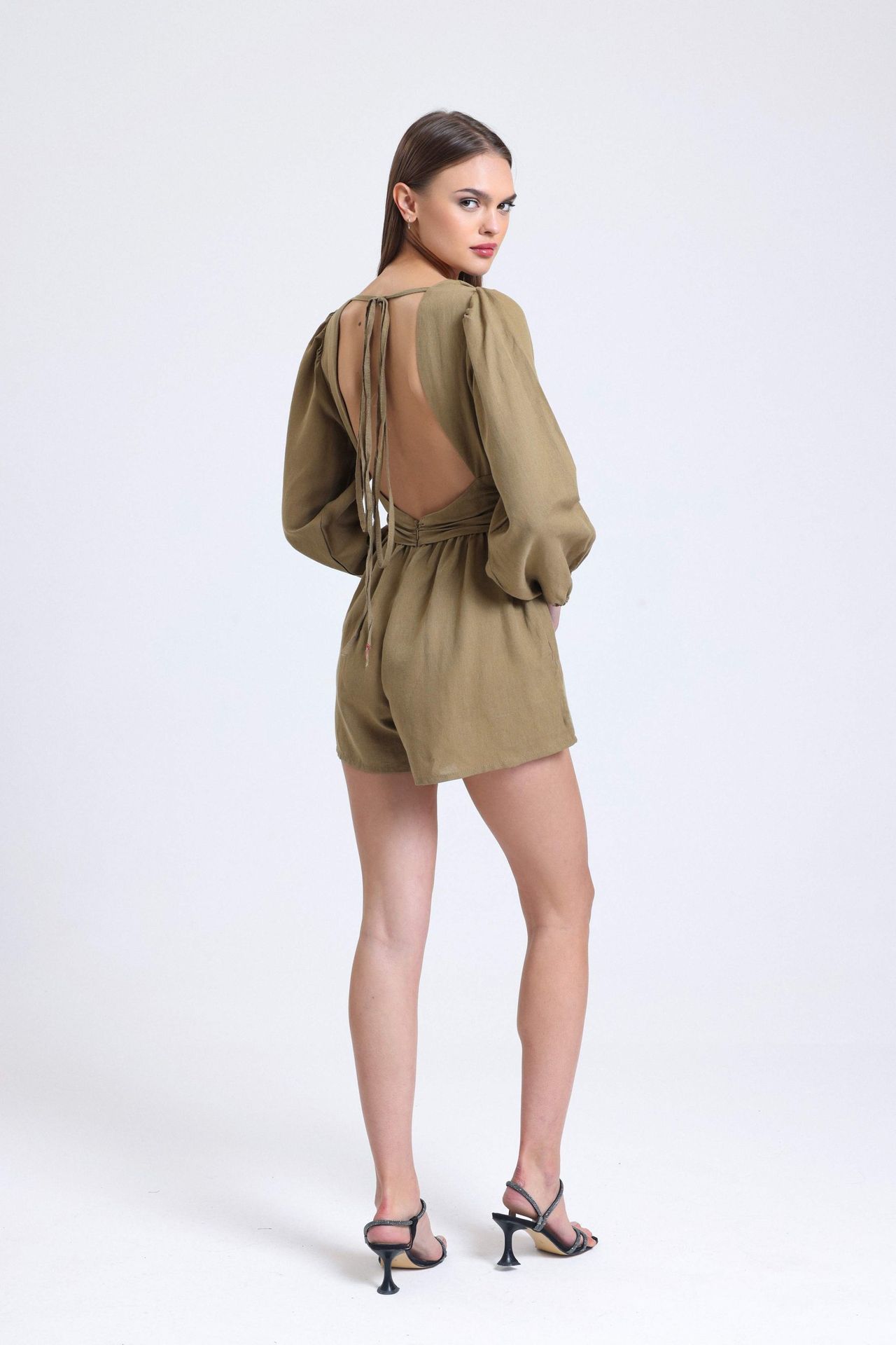 Linen Plunge Neck Long Sleeve Playsuit with a Back Cut Out