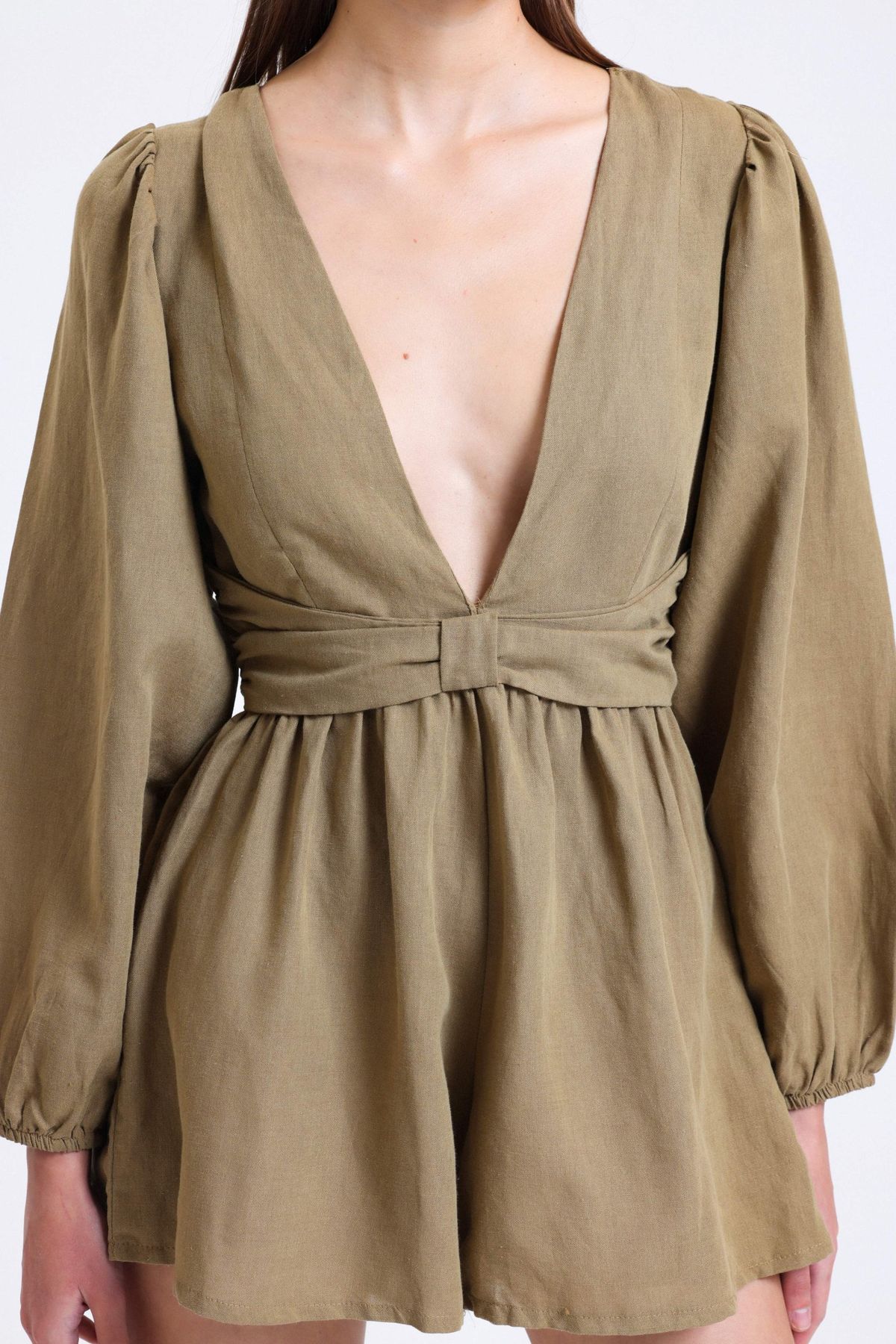 Linen Plunge Neck Long Sleeve Playsuit with a Back Cut Out