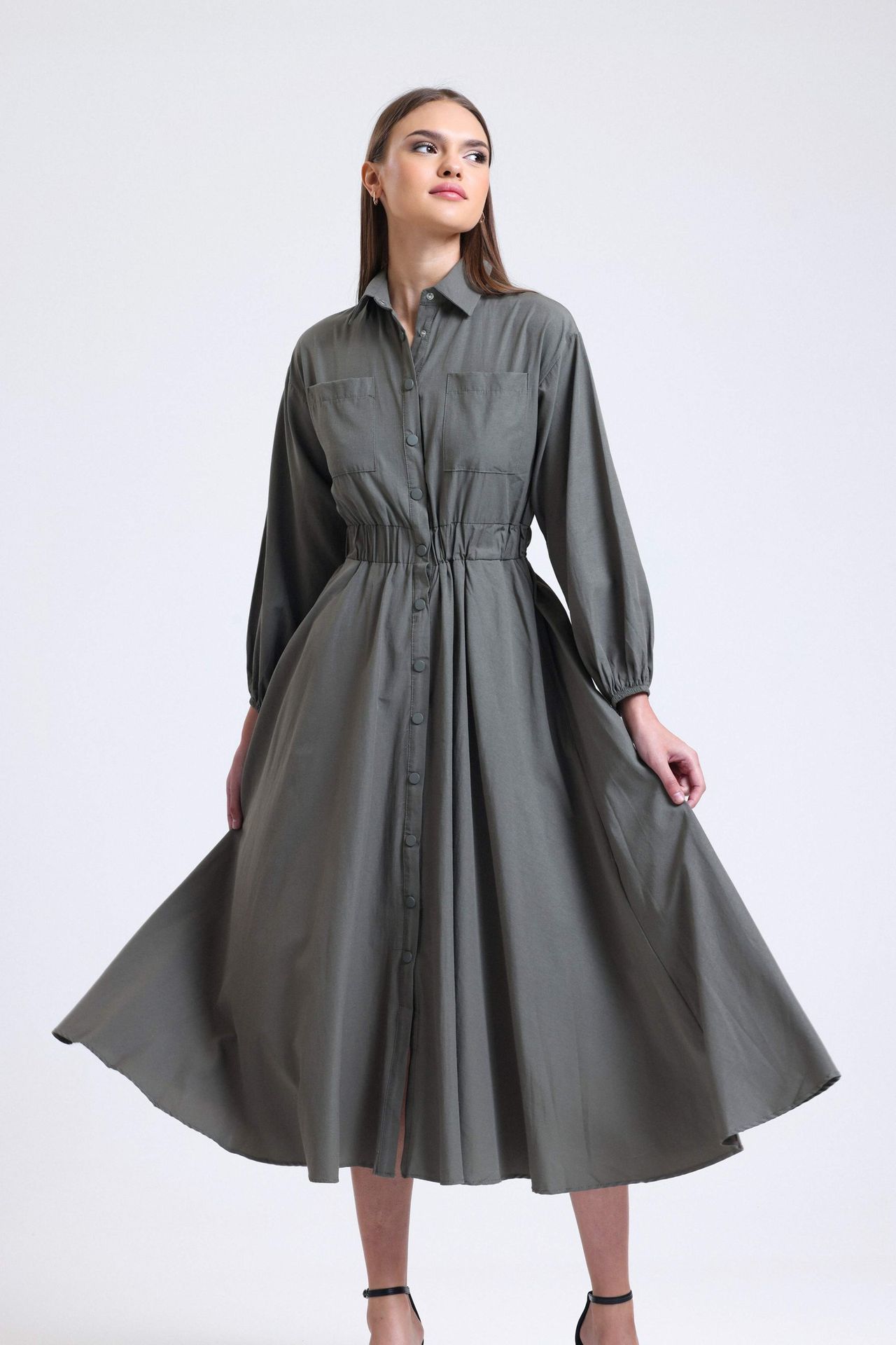 Polo Collar Long Sleeve Maxi Dress