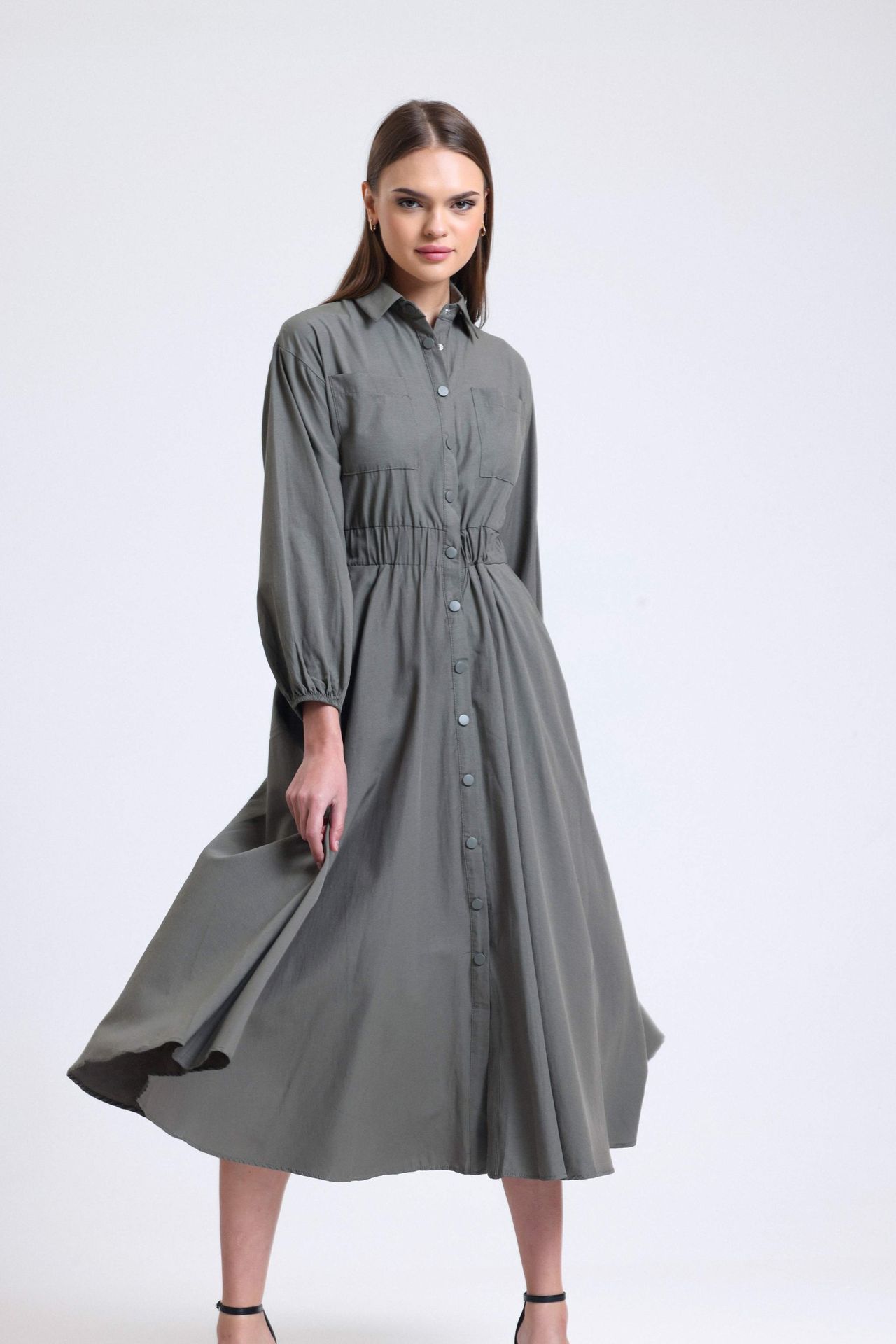 Polo Collar Long Sleeve Maxi Dress