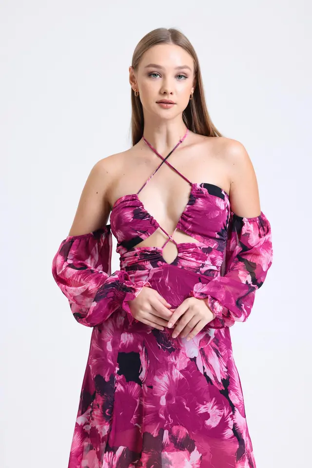 Plunge Neck Low Sleeve Maxi Dress with a Bust Cut Out