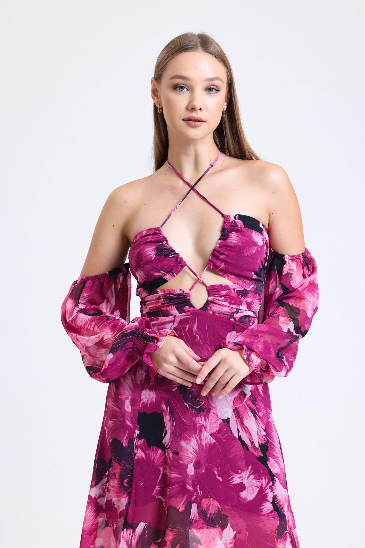 Plunge Neck Low Sleeve Maxi Dress with a Bust Cut Out