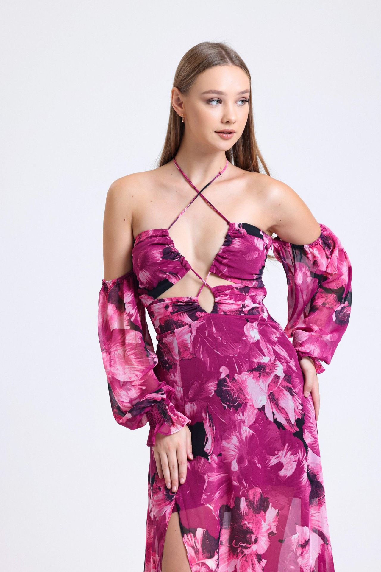 Plunge Neck Low Sleeve Maxi Dress with a Bust Cut Out