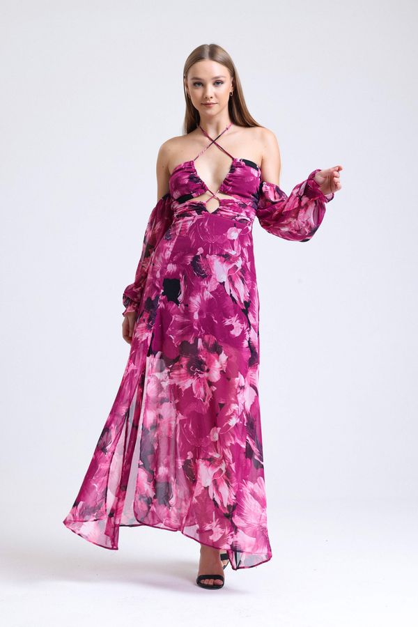 Plunge Neck Low Sleeve Maxi Dress with a Bust Cut Out 4