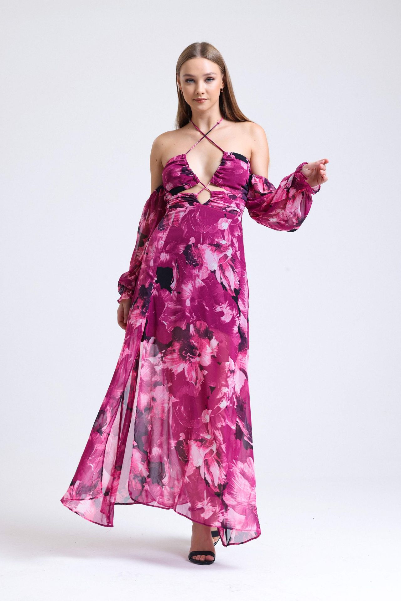 Plunge Neck Low Sleeve Maxi Dress with a Bust Cut Out