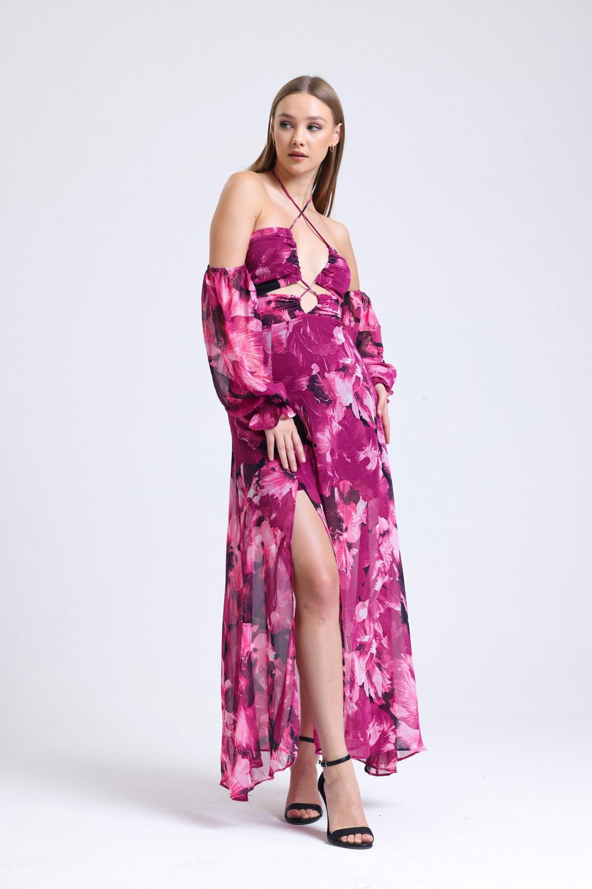 Plunge Neck Low Sleeve Maxi Dress with a Bust Cut Out
