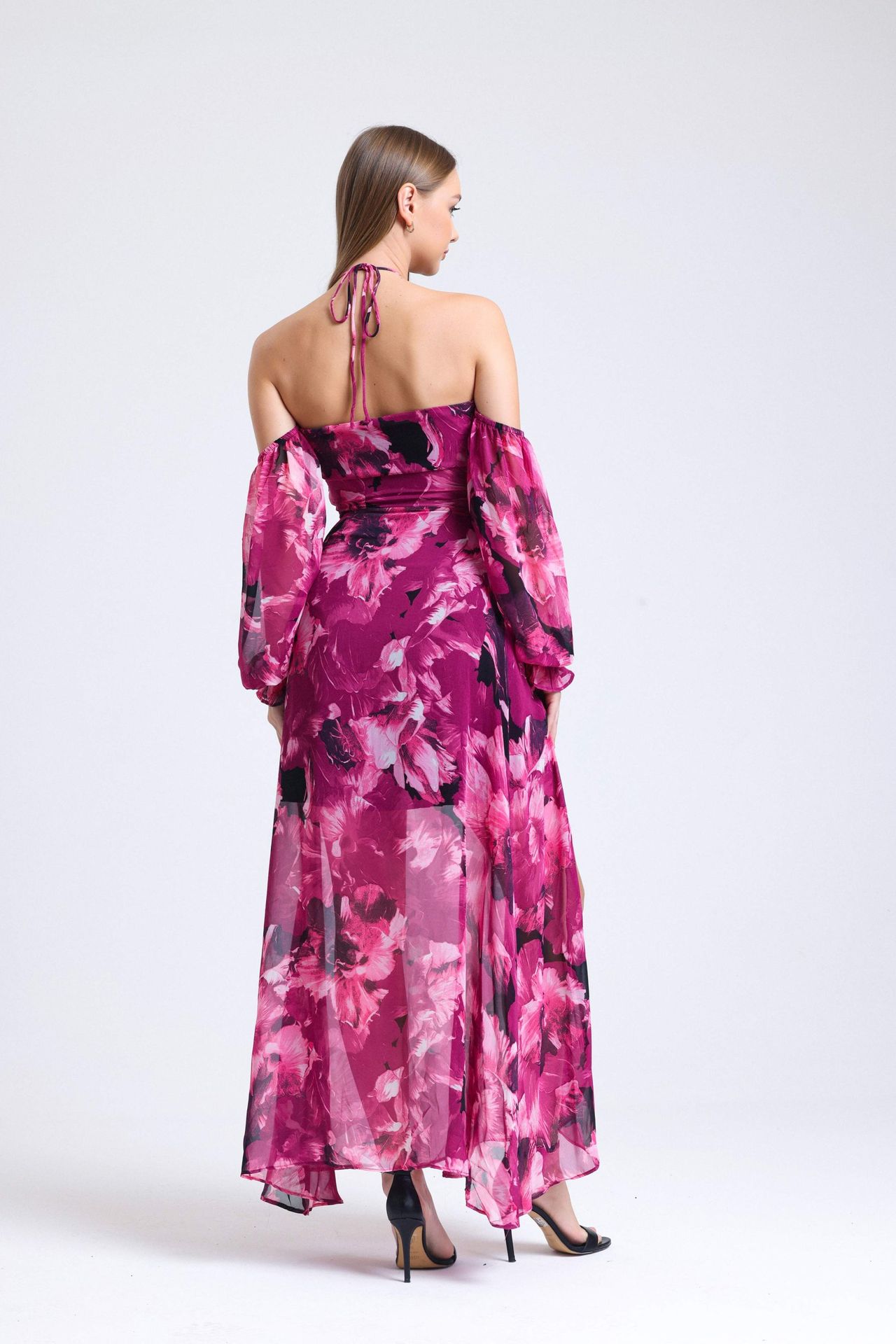 Plunge Neck Low Sleeve Maxi Dress with a Bust Cut Out