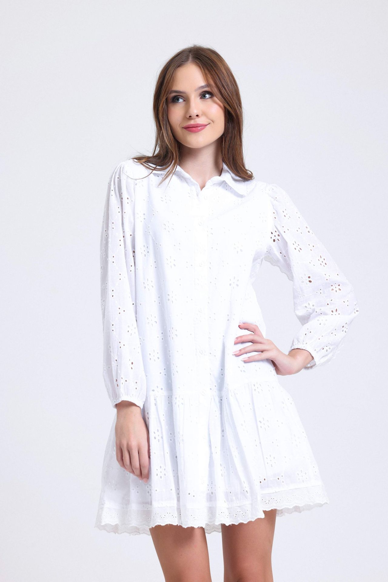 Woven Collar Long Sleeve Mini Shirt Dress