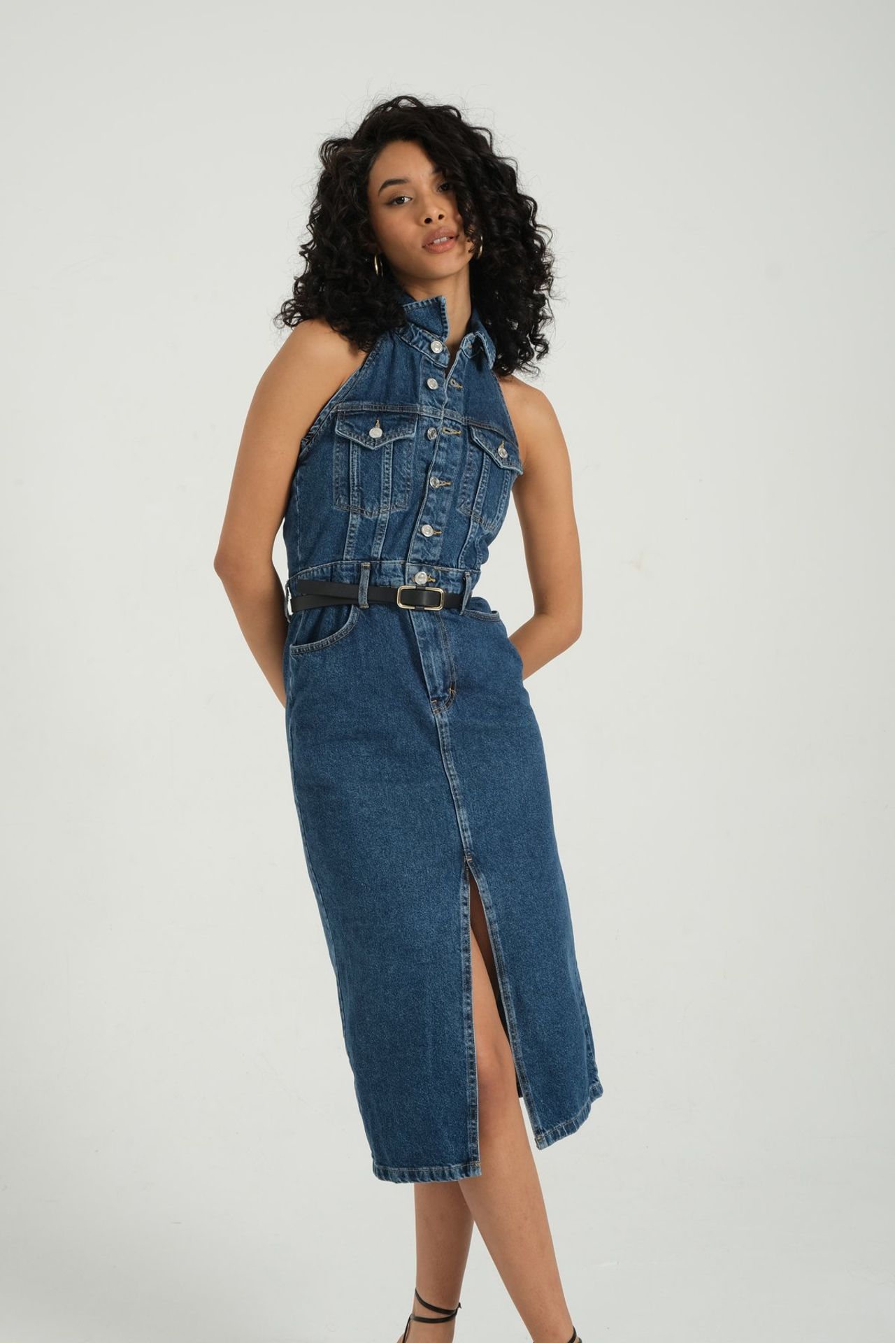 Denim Polo Collar Buttoned Front Slit Sleeveless Maxi Dress